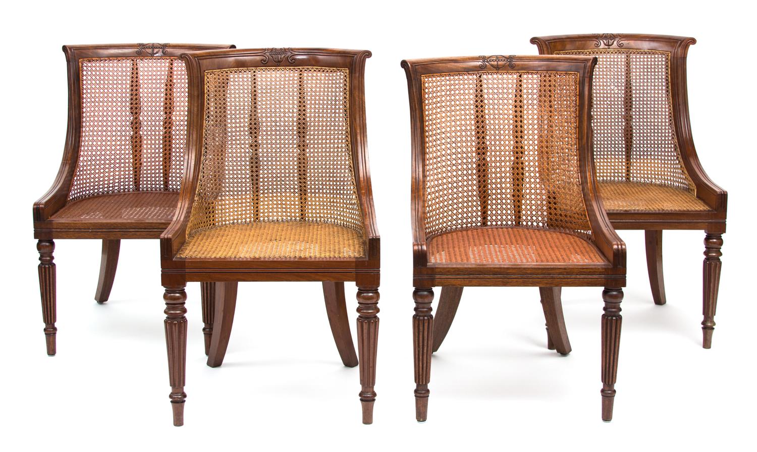 A Set of Eleven Regency Style Carved Mahogany and Caned Dining Chairs Height 34 inches. — 19TH/20TH CENTURY