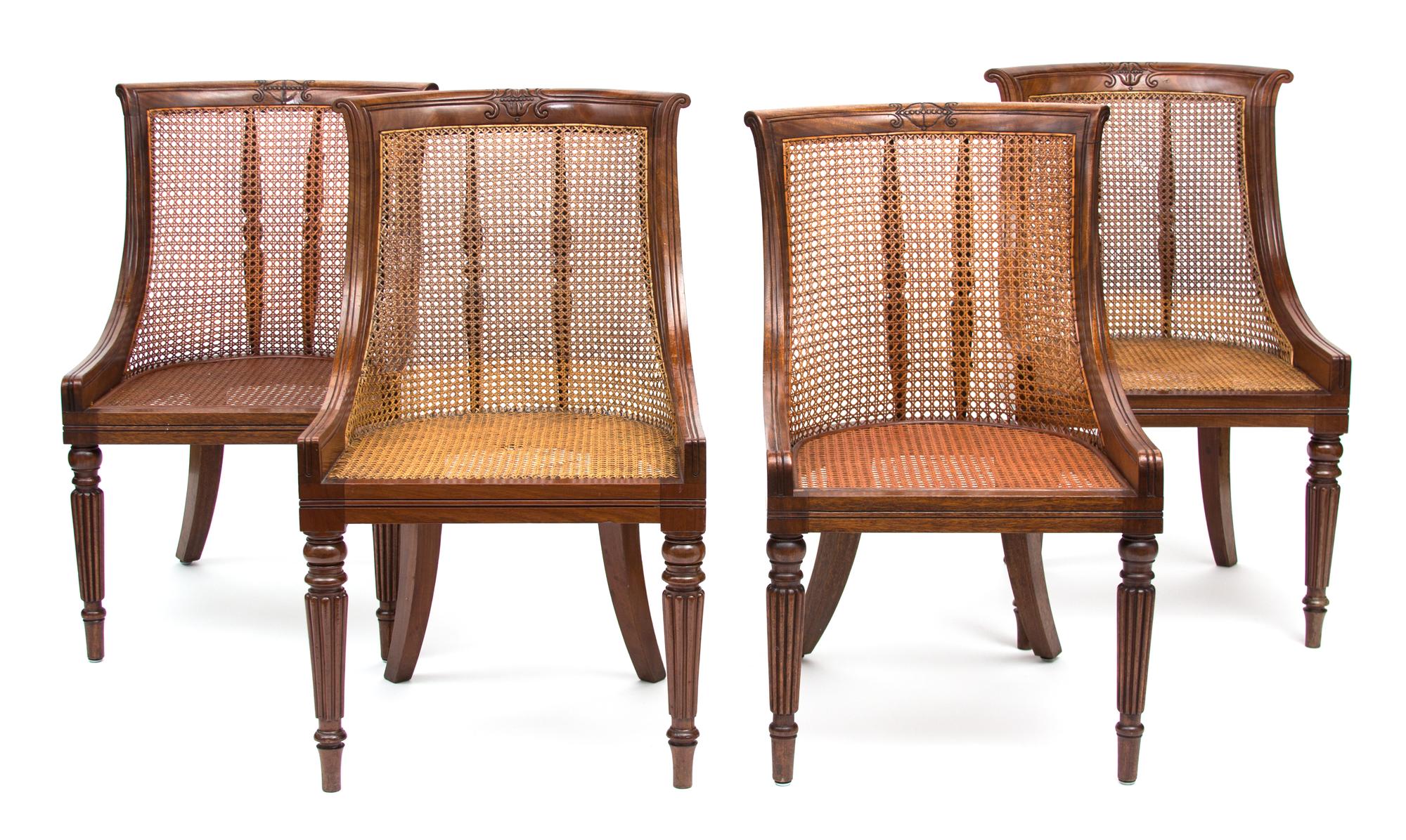 A Set of Eleven Regency Style Carved Mahogany and Caned Dining Chairs Height 34 inches. — 19TH/20TH CENTURY