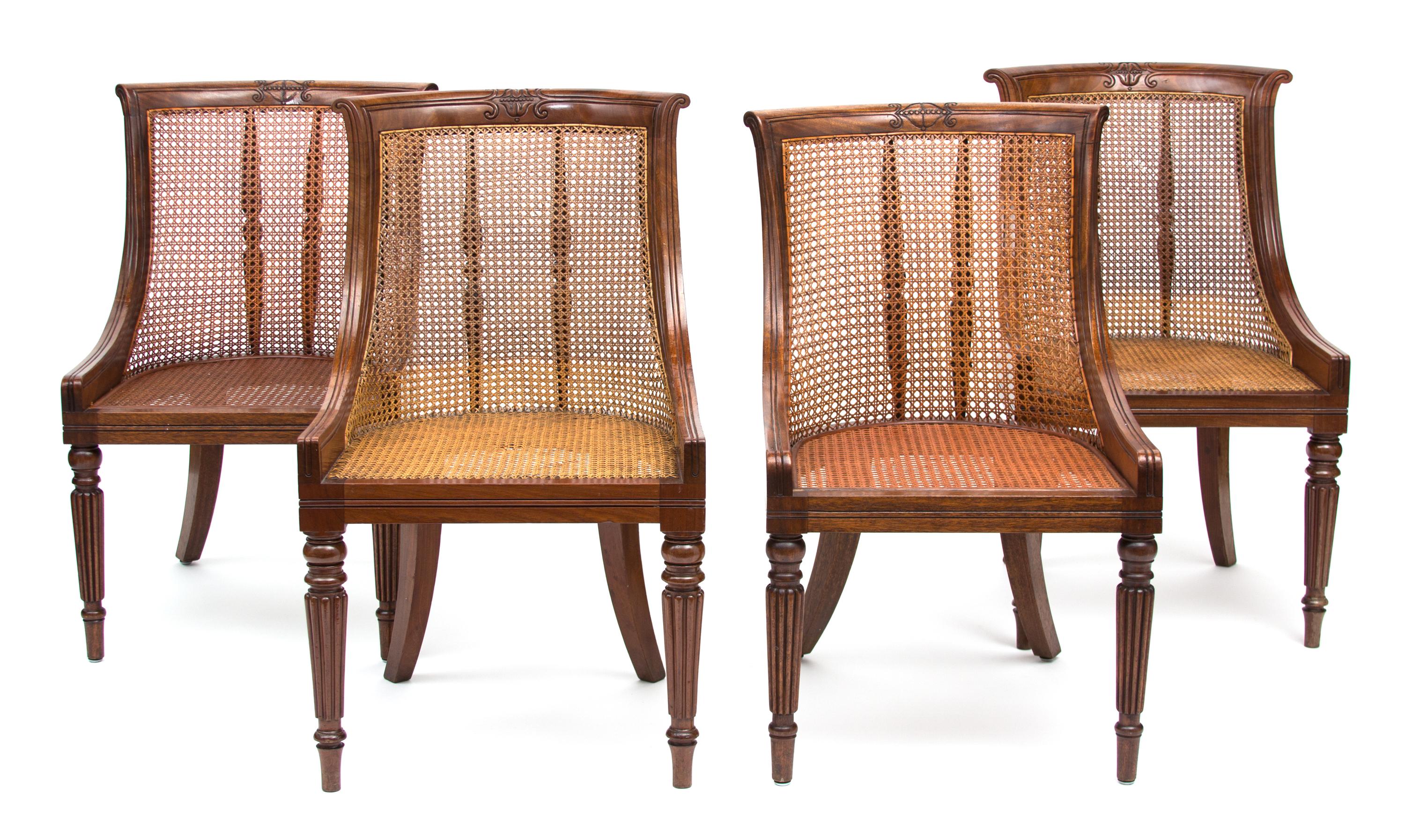 A Set of Eleven Regency Style Carved Mahogany and Caned Dining Chairs Height 34 inches. — 19TH/20TH CENTURY
