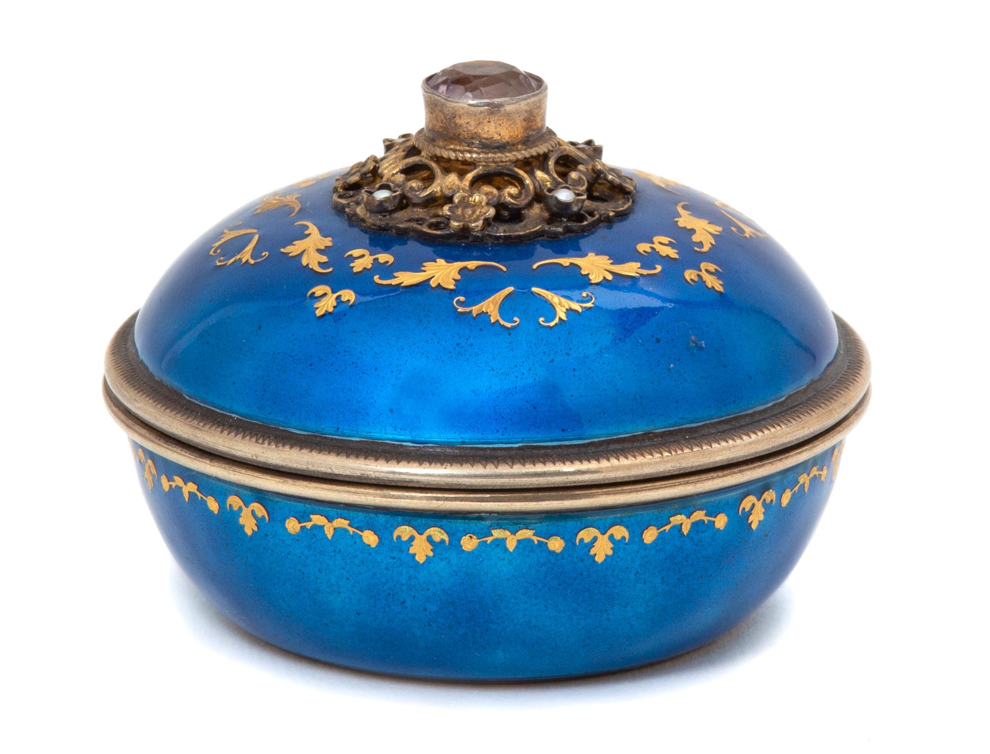 An English Silver, Enamel and Amethyst Circular Snuff Box — (Marker Unknown, 20th Century)