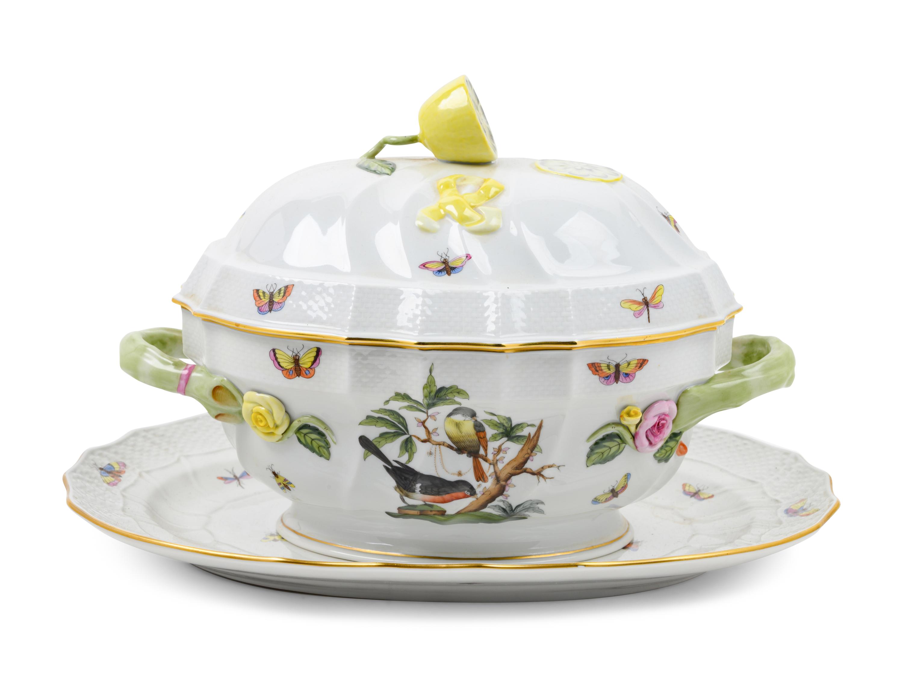 A Herend Porcelain Rothschild Bird Soup Tureen and Underplate