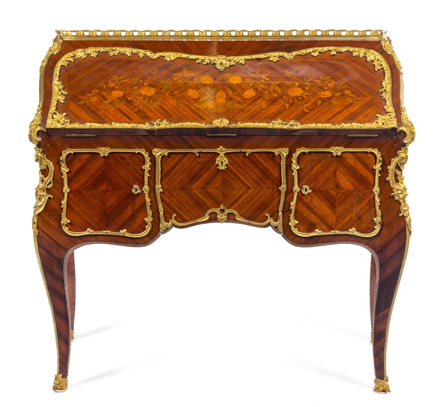 A Louis XV Style Gilt Bronze Mounted Marquetry Bureau en Pente Height 42 x width 47 x depth 21 inches. — POSSIBLY GERMAN, 19TH CENTURY