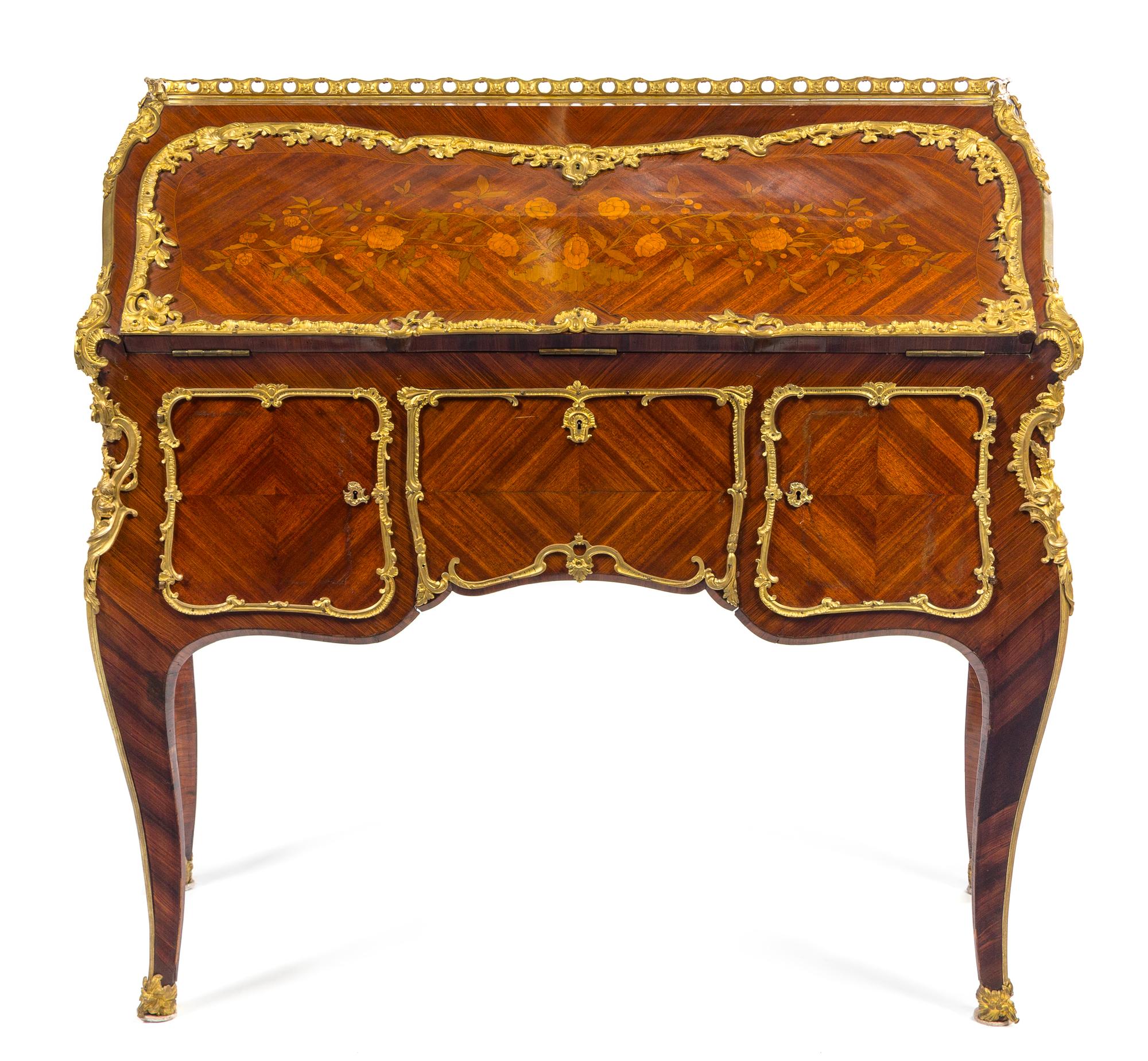 A Louis XV Style Gilt Bronze Mounted Marquetry Bureau en Pente Height 42 x width 47 x depth 21 inches. — POSSIBLY GERMAN, 19TH CENTURY