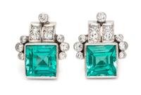 A Pair of Platinum, Emerald and Diamond Earrings, 3.30 dwts.
