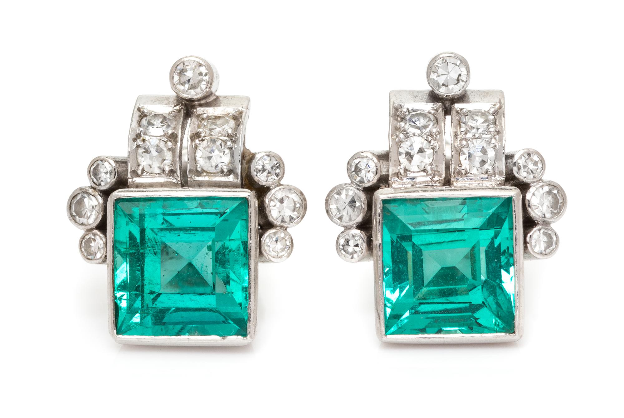 A Pair of Platinum, Emerald and Diamond Earrings, 3.30 dwts.