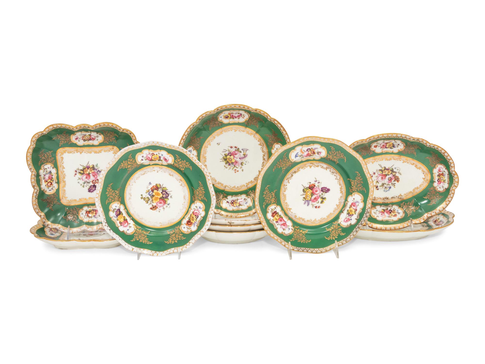 A Coalport Green-Ground Floral Porcelain Dessert Service