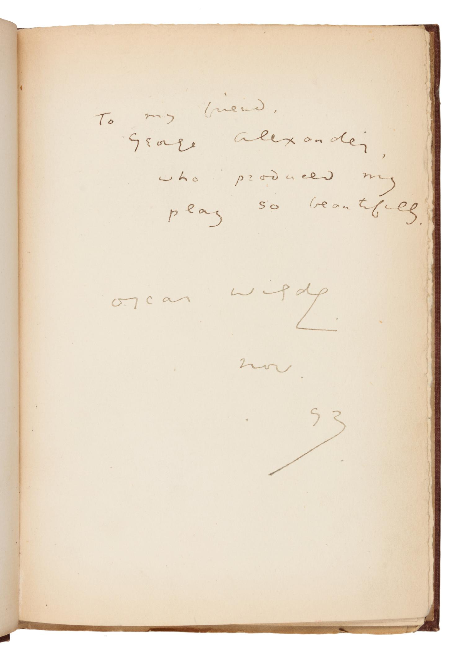 WILDE, Oscar (1854-1900). Lady Windermere's Fan. London: Elkin Mathews and John Lane, 1893. FIRST EDITION, PRESENTATION COPY.