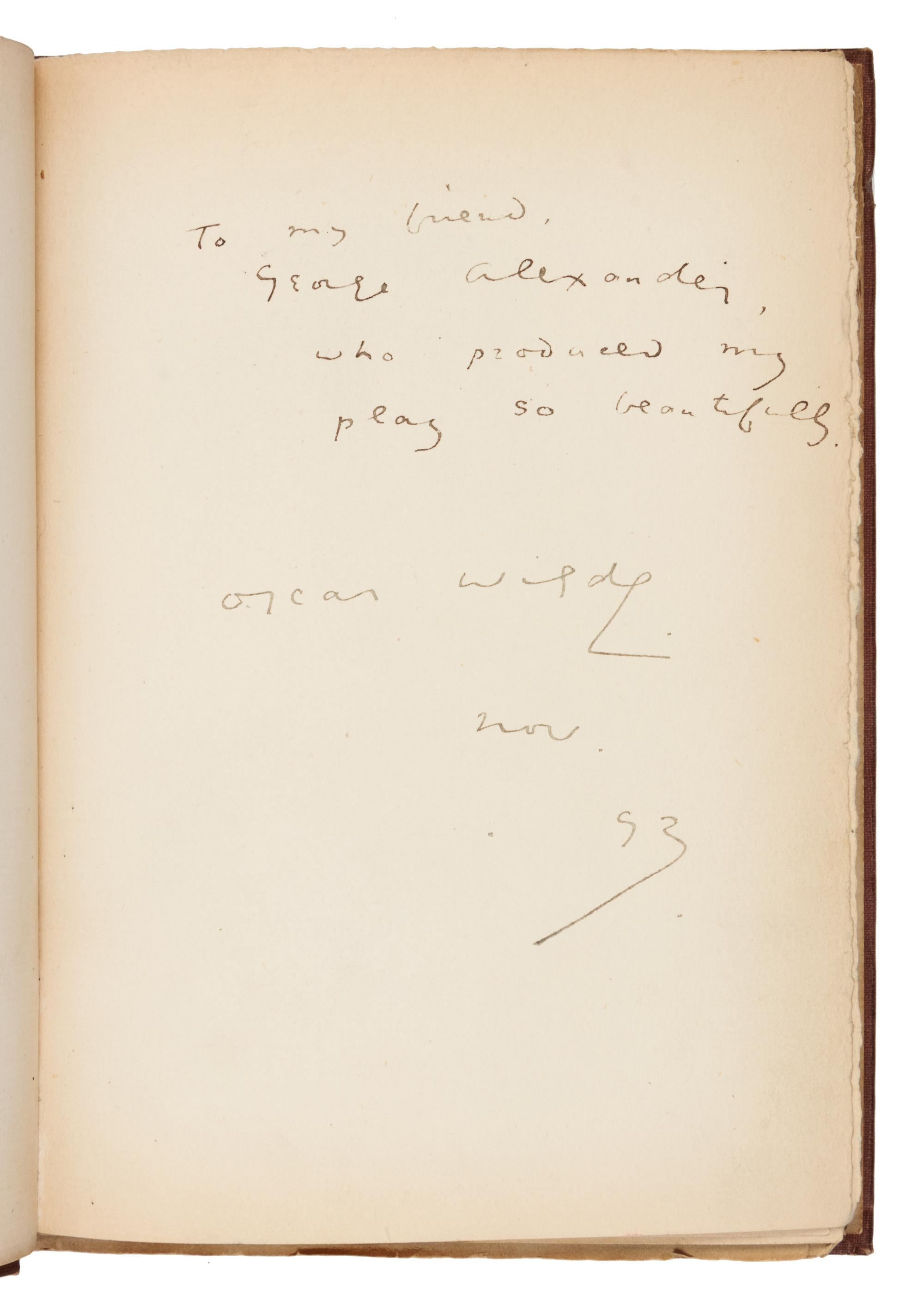 WILDE, Oscar (1854-1900). Lady Windermere's Fan. London: Elkin Mathews and John Lane, 1893. FIRST EDITION, PRESENTATION COPY.