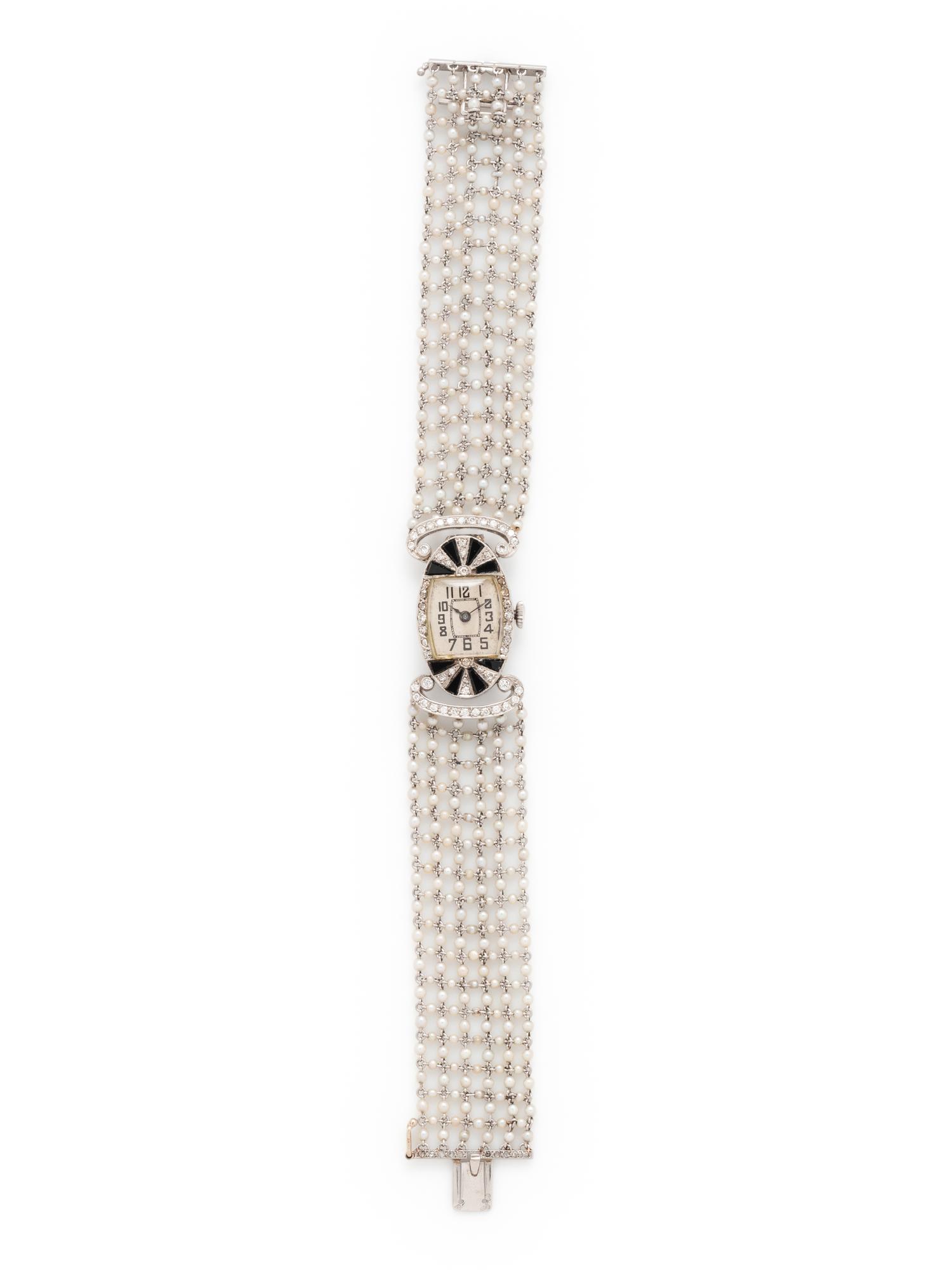 ART DECO, DIAMOND, ONYX AND SEED PEARL WATCH