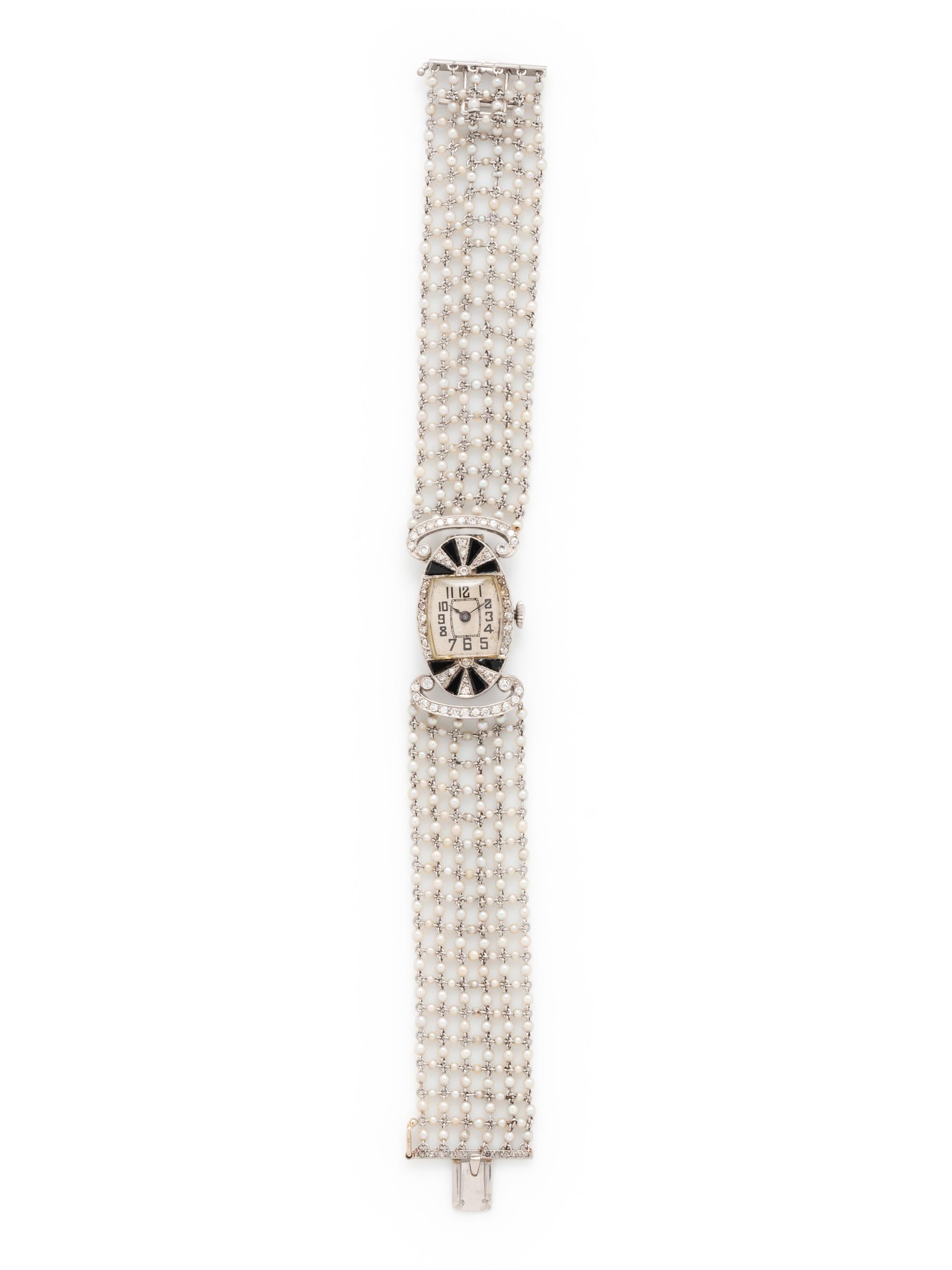 ART DECO, DIAMOND, ONYX AND SEED PEARL WATCH