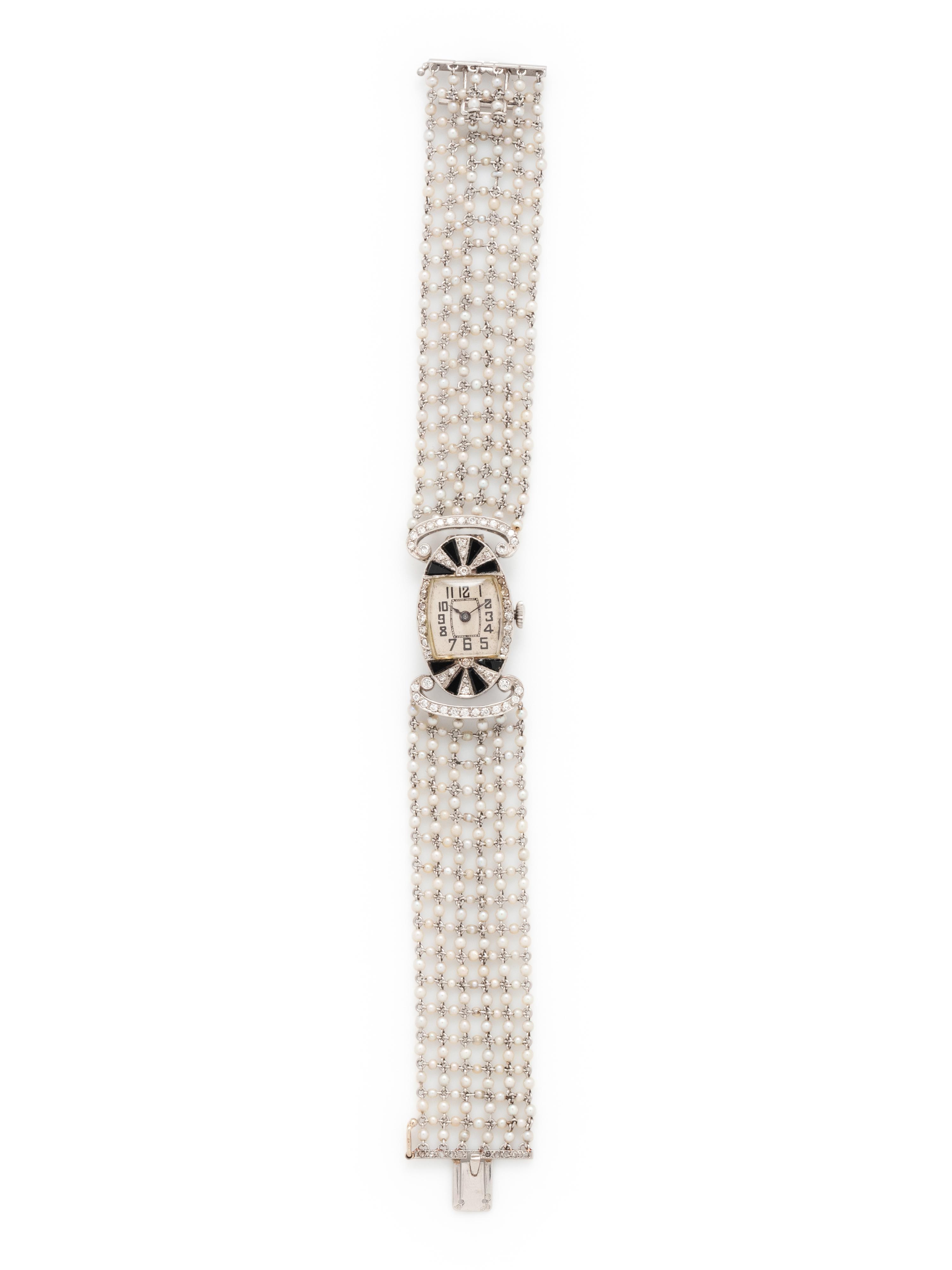 ART DECO, DIAMOND, ONYX AND SEED PEARL WATCH