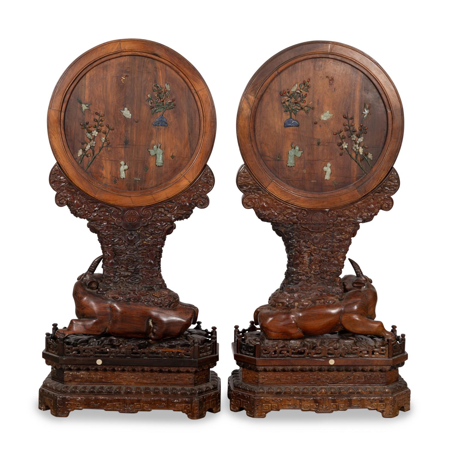 A Pair of Impressive Chinese Hardstone Inlaid Hardwood Floor Screens