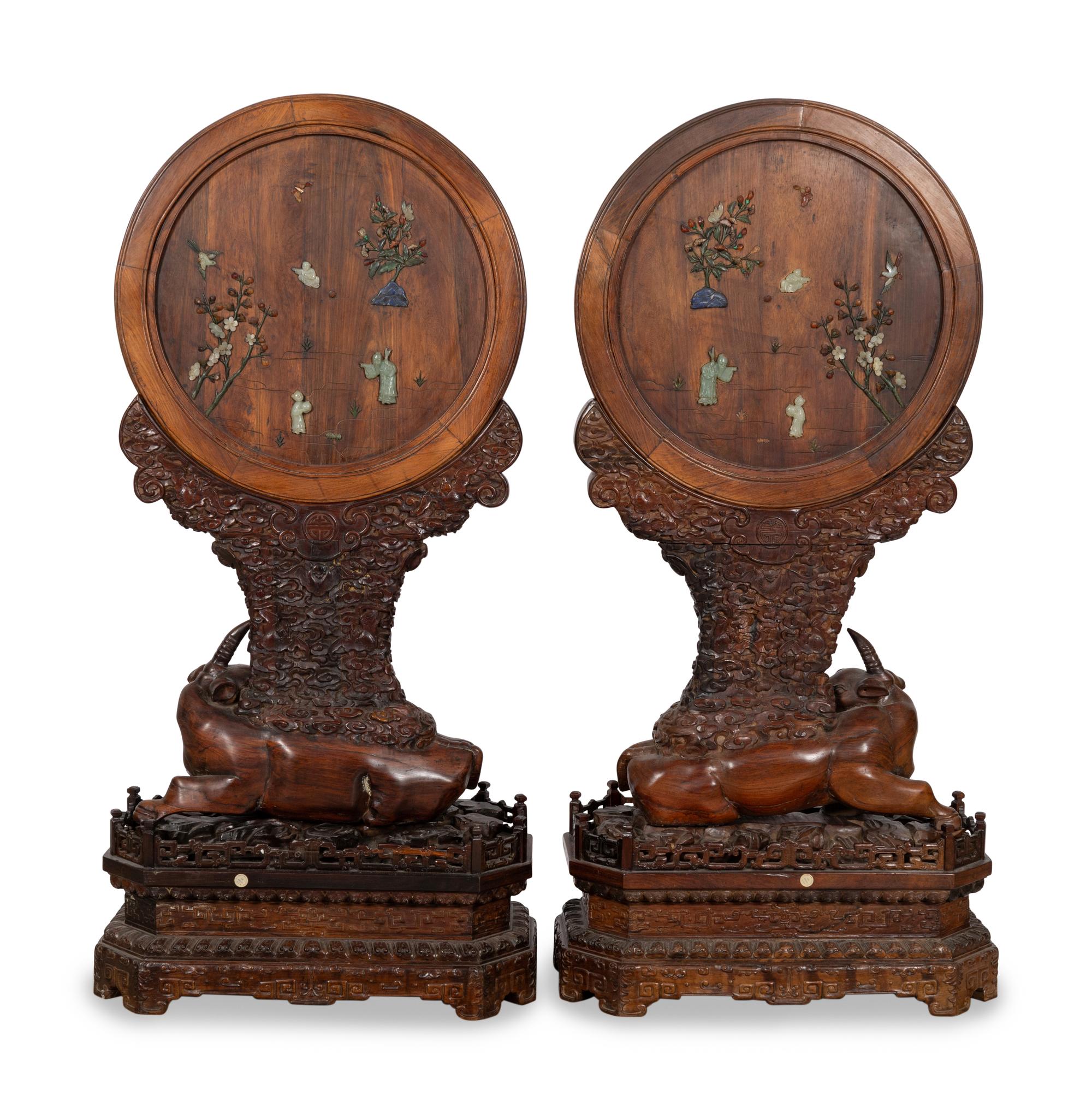 A Pair of Impressive Chinese Hardstone Inlaid Hardwood Floor Screens