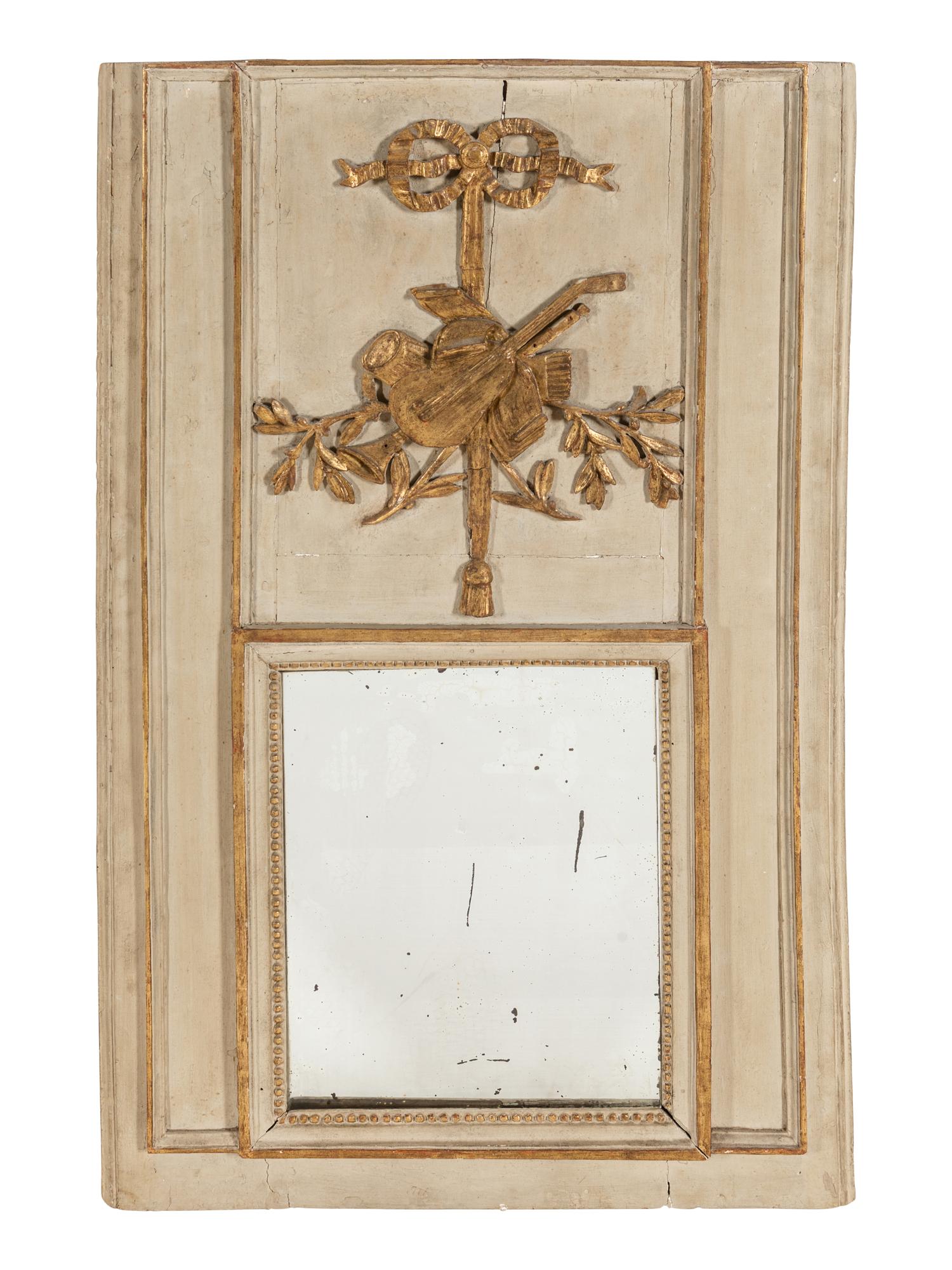 A Louis XVI Style Gray Painted and Parcel Gilt Mirror