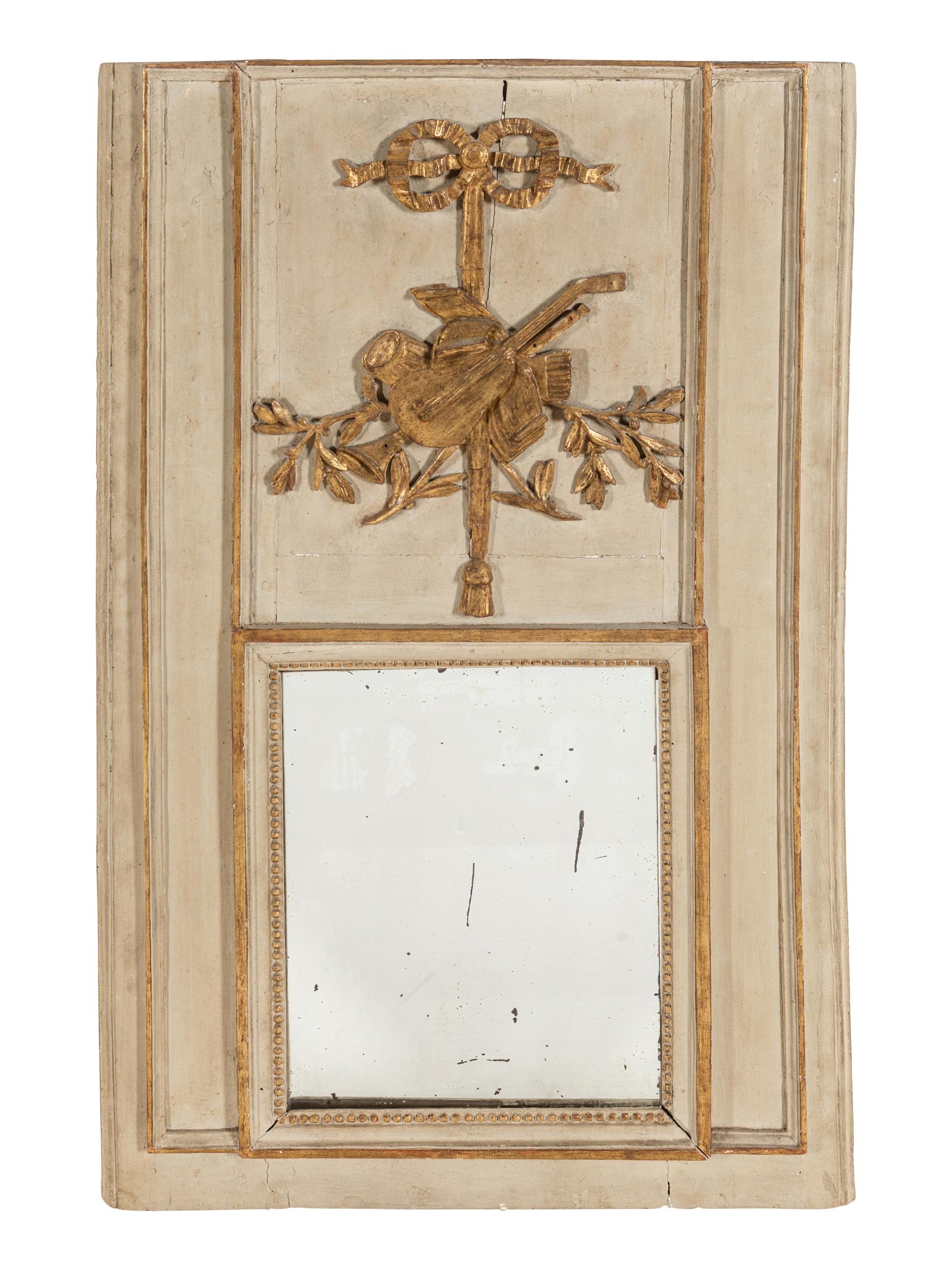A Louis XVI Style Gray Painted and Parcel Gilt Mirror