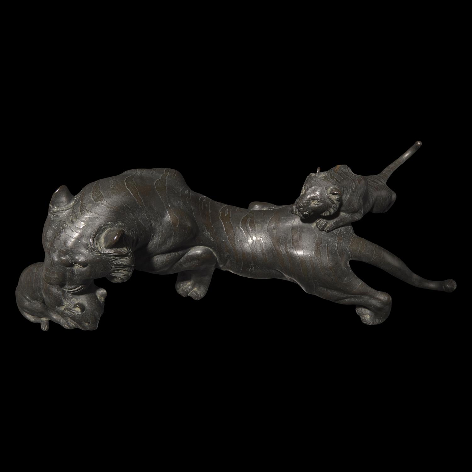A Japanese Patinated Bronze 'Tigress and Cubs' Okimono, Meiji/Taisho Period