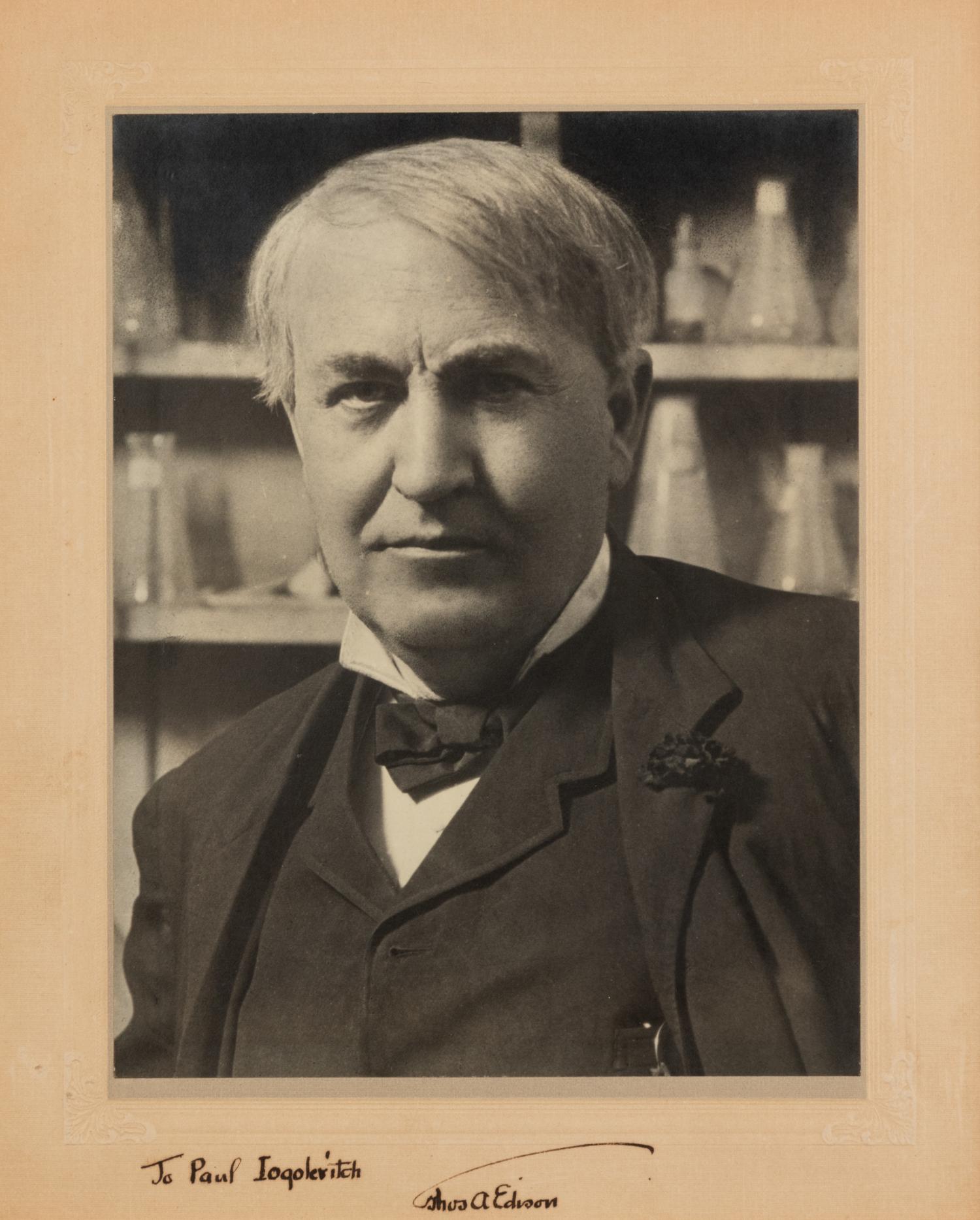 EDISON, Thomas A. (1847-1931). Black and white photographic portrait, signed and inscribed in lower margin (“To Paul Iogolevitch Thomas A Edison”), n.d.