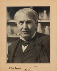 EDISON, Thomas A. (1847-1931). Black and white photographic portrait, signed and inscribed in lower margin (“To Paul Iogolevitch Thomas A Edison”), n.d.