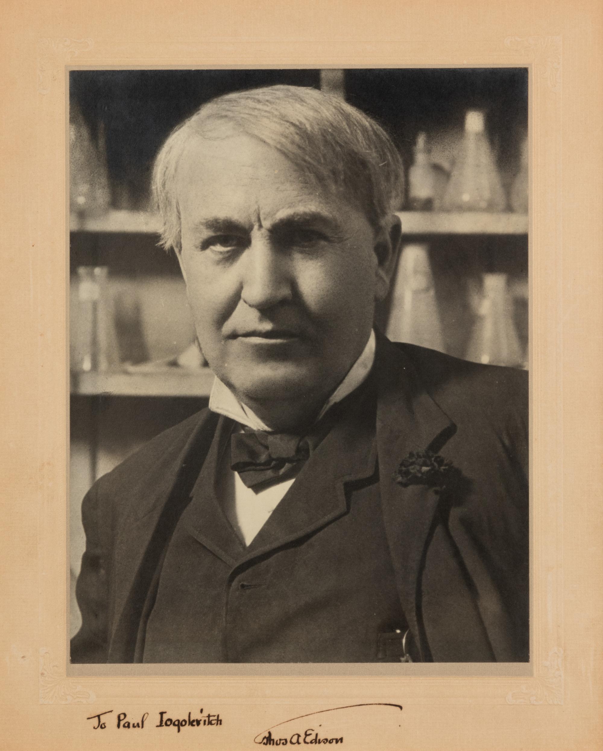 EDISON, Thomas A. (1847-1931). Black and white photographic portrait, signed and inscribed in lower margin (“To Paul Iogolevitch Thomas A Edison”), n.d.