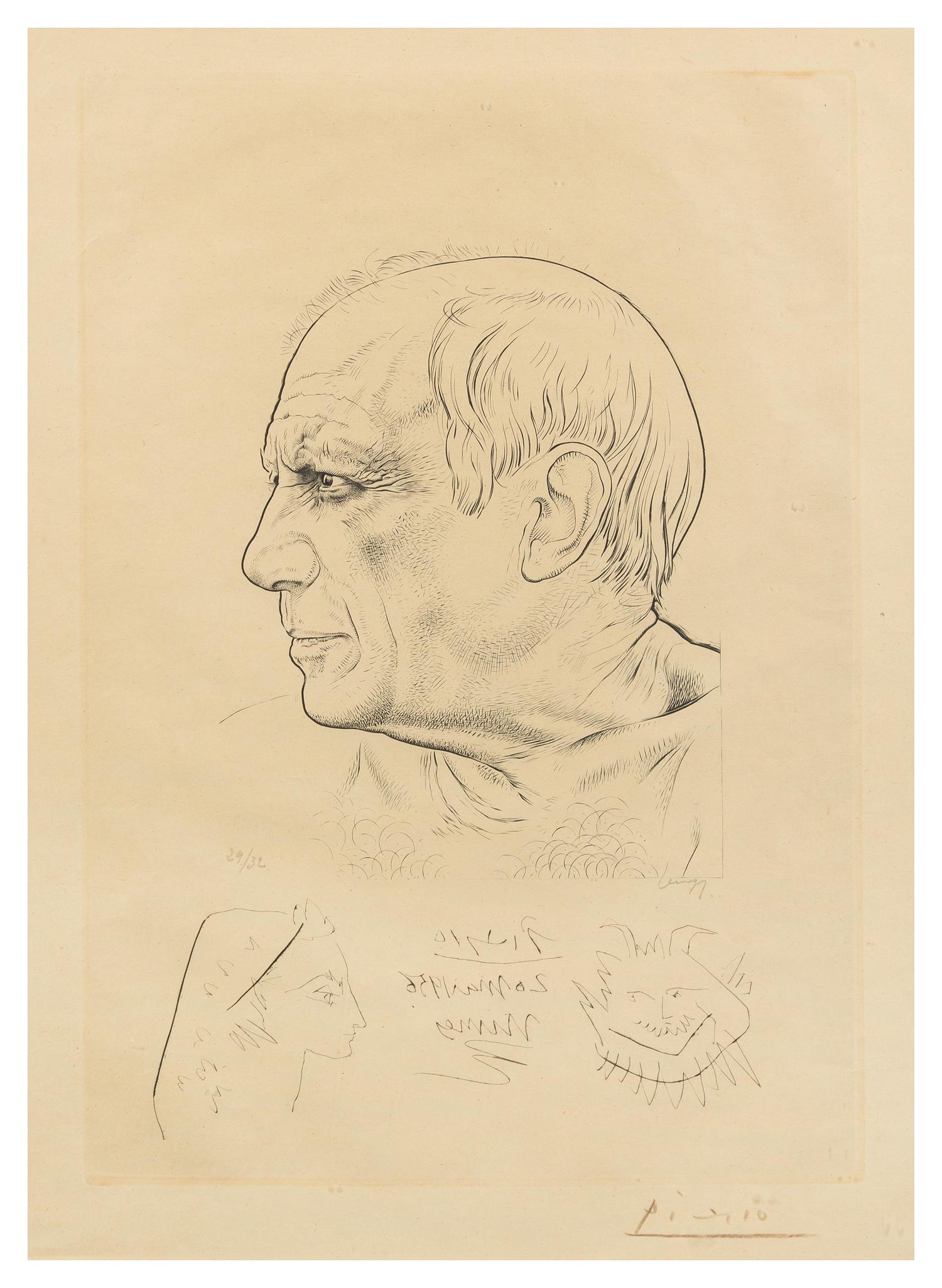 Paul P. Lemagny, (French, 1905–1977), Portrait de Picasso with temoignage, 1956