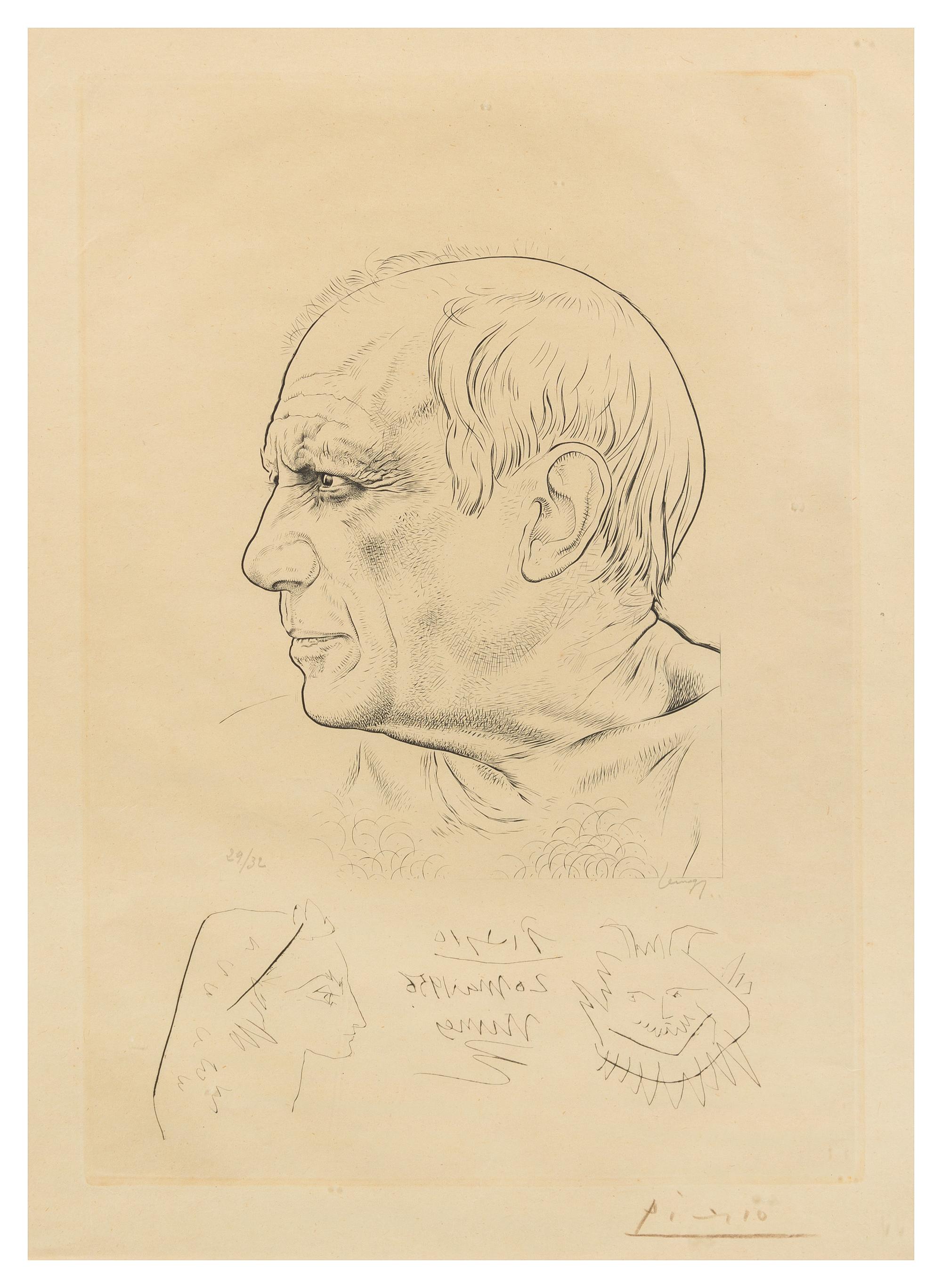 Paul P. Lemagny, (French, 1905–1977), Portrait de Picasso with temoignage, 1956