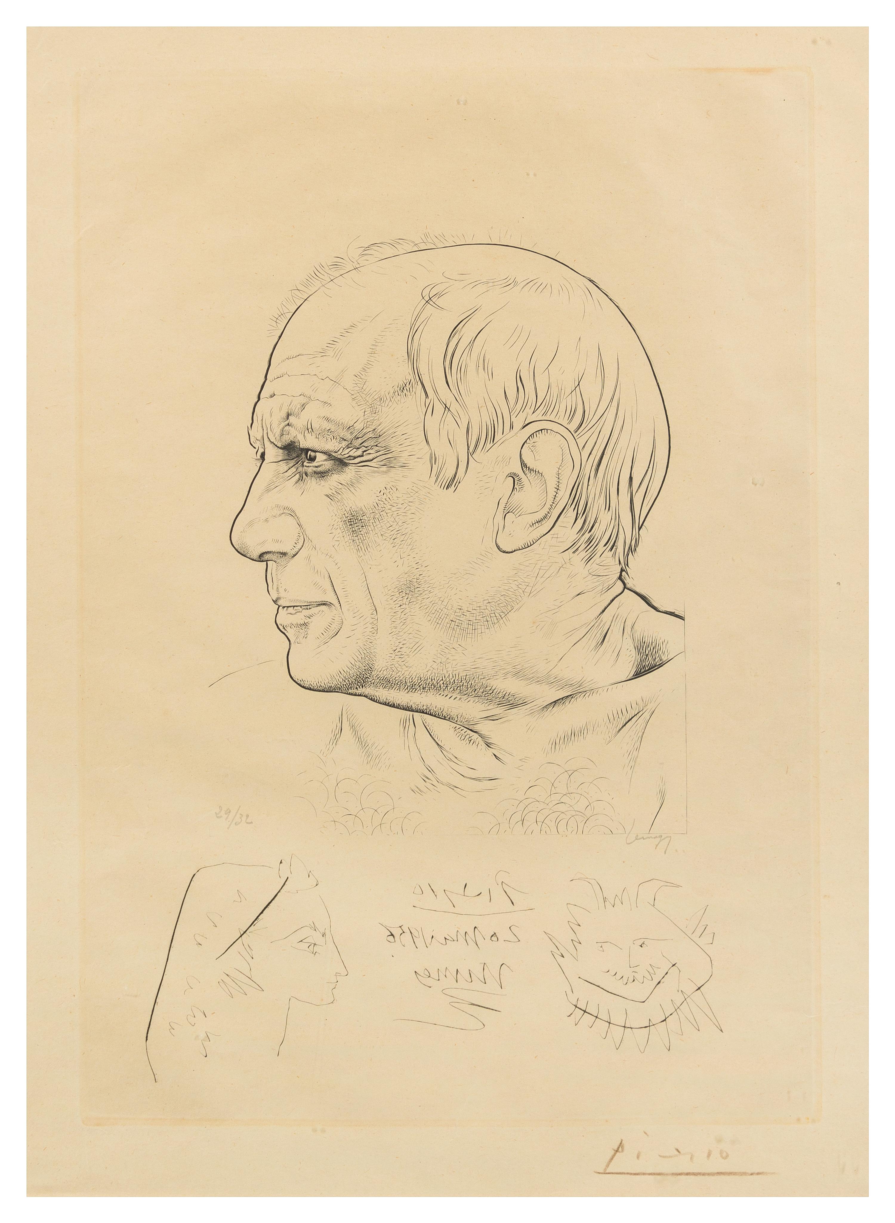 Paul P. Lemagny, (French, 1905–1977), Portrait de Picasso with temoignage, 1956