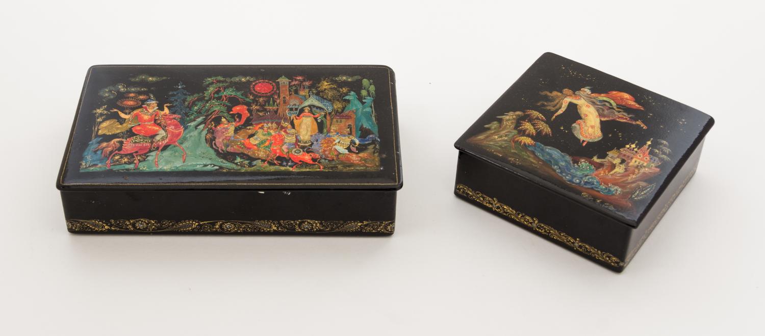 Two Russian Lacquered Boxes Width of first 8 inches. — 20TH CENTURY