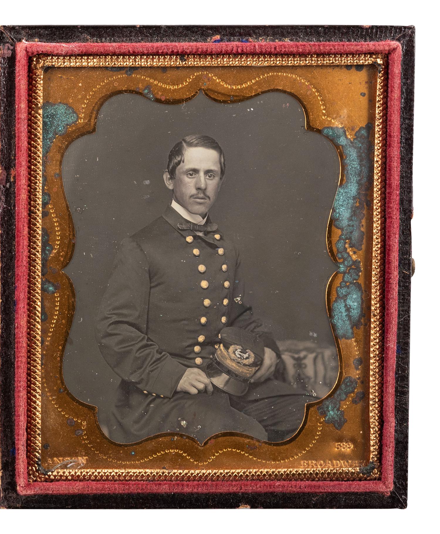 [MILITARIA - EARLY PHOTOGRAPHY]. ANSON, photographer. Sixth plate daguerreotype of a young naval ensign with an anchor on his cap. New York, NY.