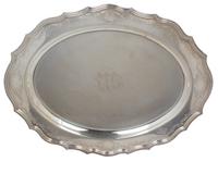 An American Silver Oval Tray, Meriden Brittania, Meriden, CT, having a scalloped border, monogrammed.