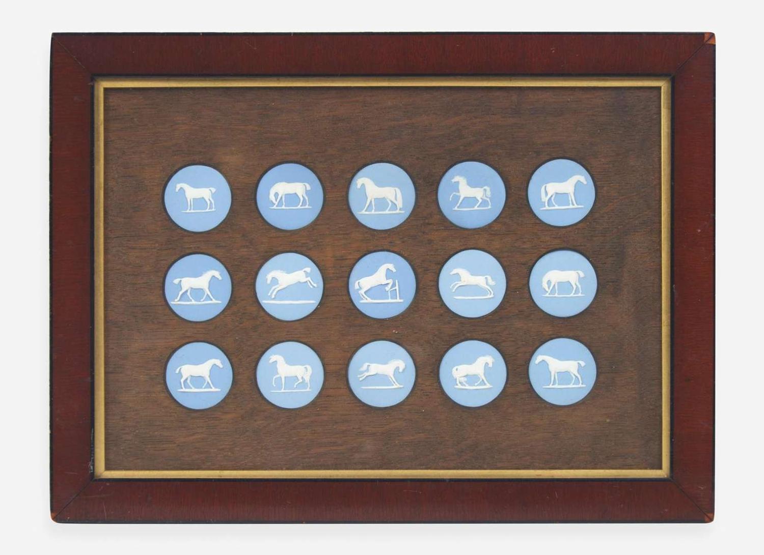 A Set of Fifteen Wedgwood George Stubbs Solid Blue Jasperware Horse Studies Medallions, UK, late 19th century