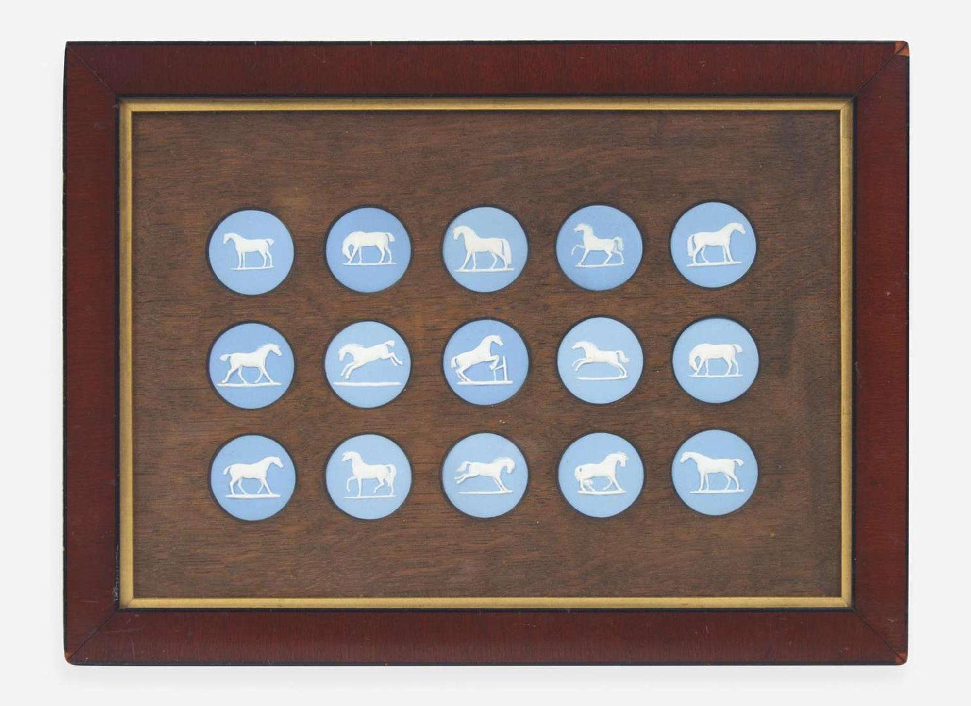 A Set of Fifteen Wedgwood George Stubbs Solid Blue Jasperware Horse Studies Medallions, UK, late 19th century