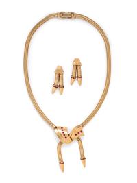 RETRO, YELLOW GOLD AND SYNTHETIC RUBY SET