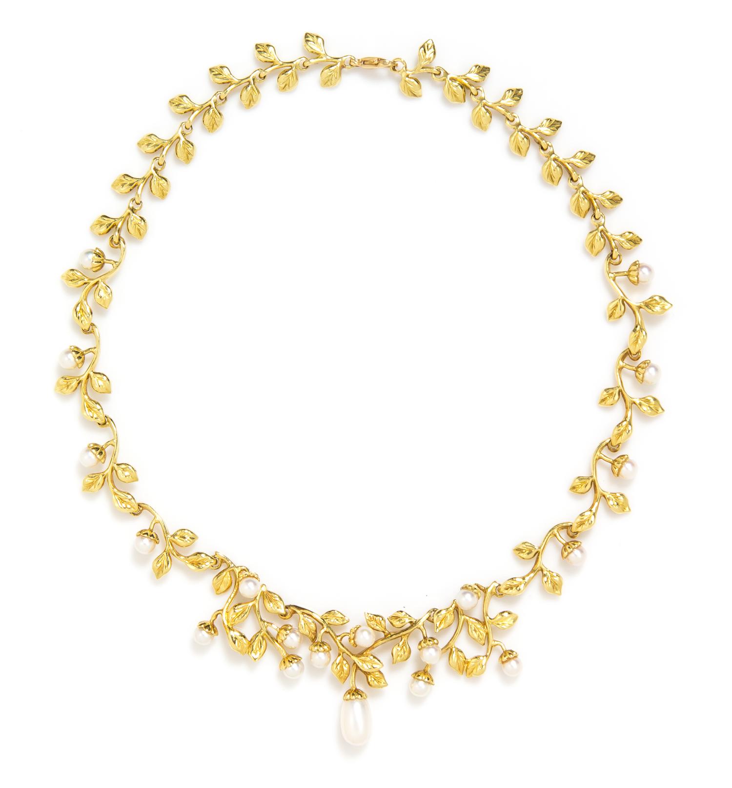 A Yellow Gold and Cultured Pearl Foliate Motif Necklace, 33.00 dwts.