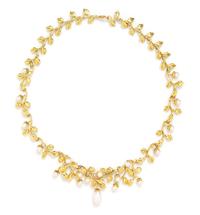 A Yellow Gold and Cultured Pearl Foliate Motif Necklace, 33.00 dwts.