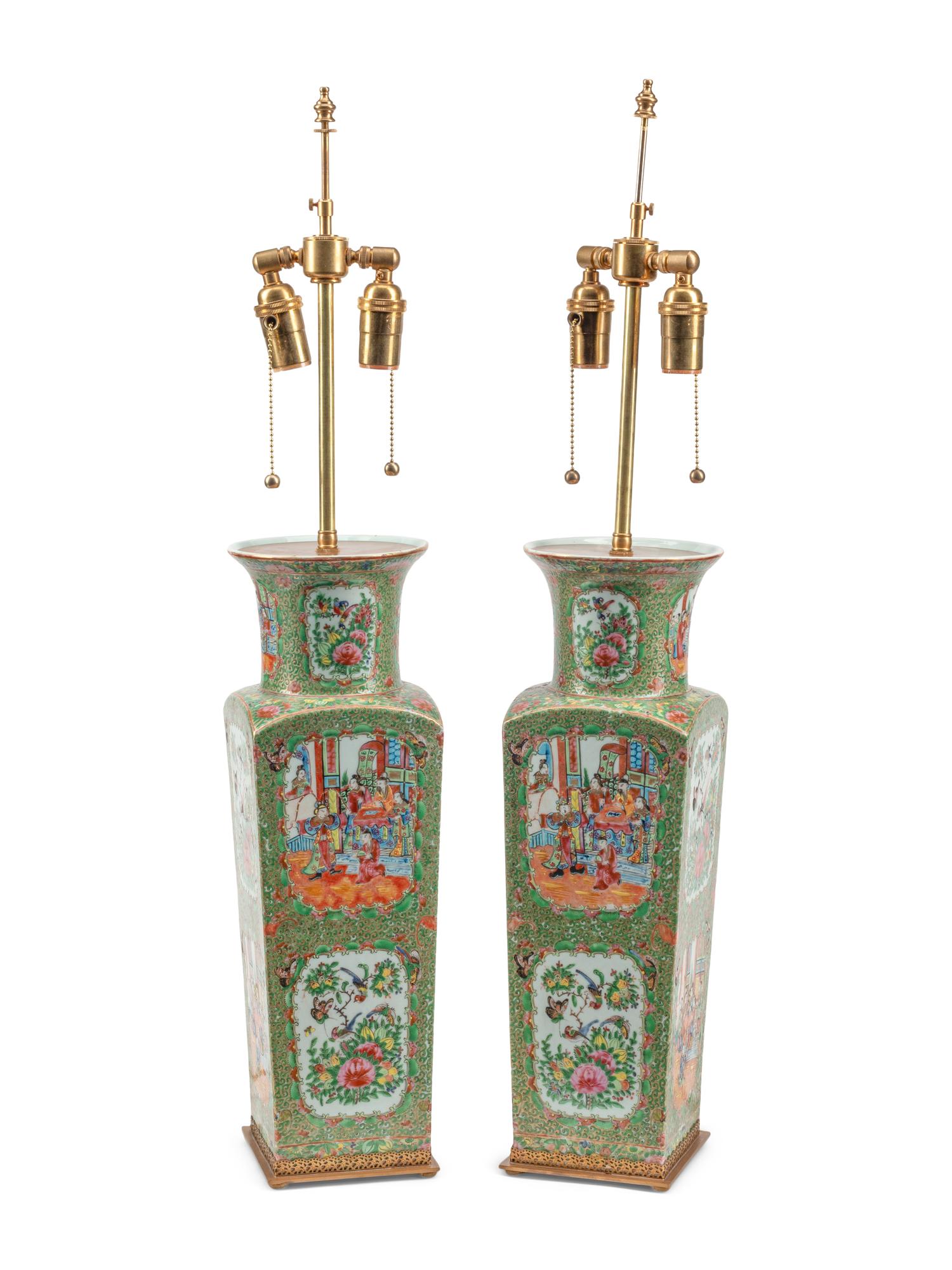A Pair of Rose Medallion Porcelain Vases Mounted as Lamps