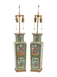 A Pair of Rose Medallion Porcelain Vases Mounted as Lamps