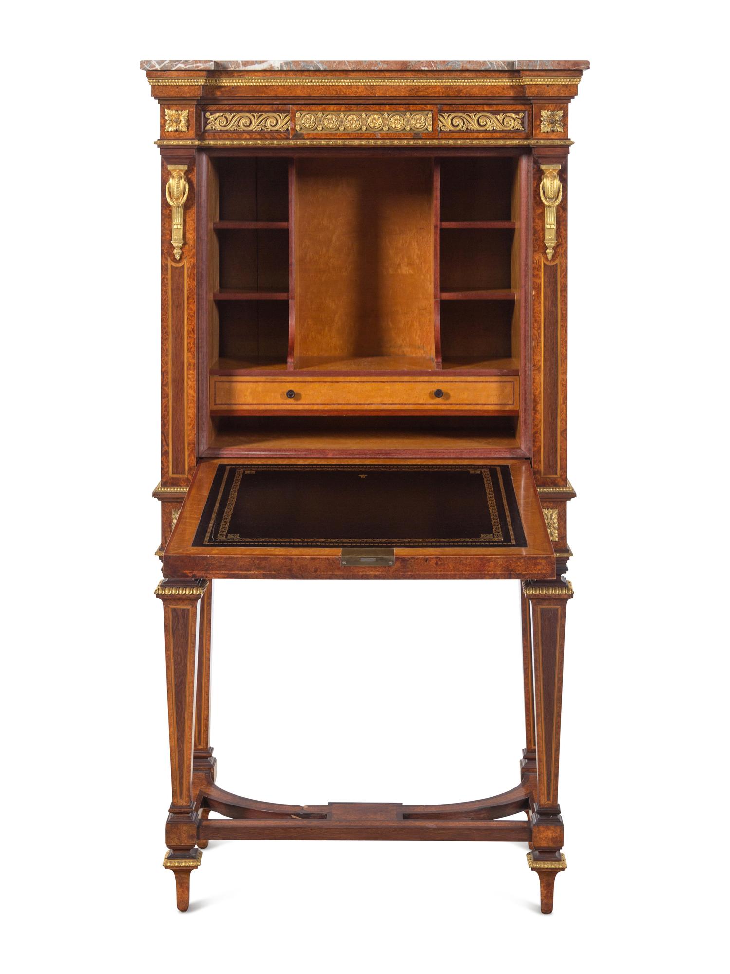 A Louis XVI Style Gilt Bronze Mounted Amboyna Marble-Top Secrétaire à Abattant
