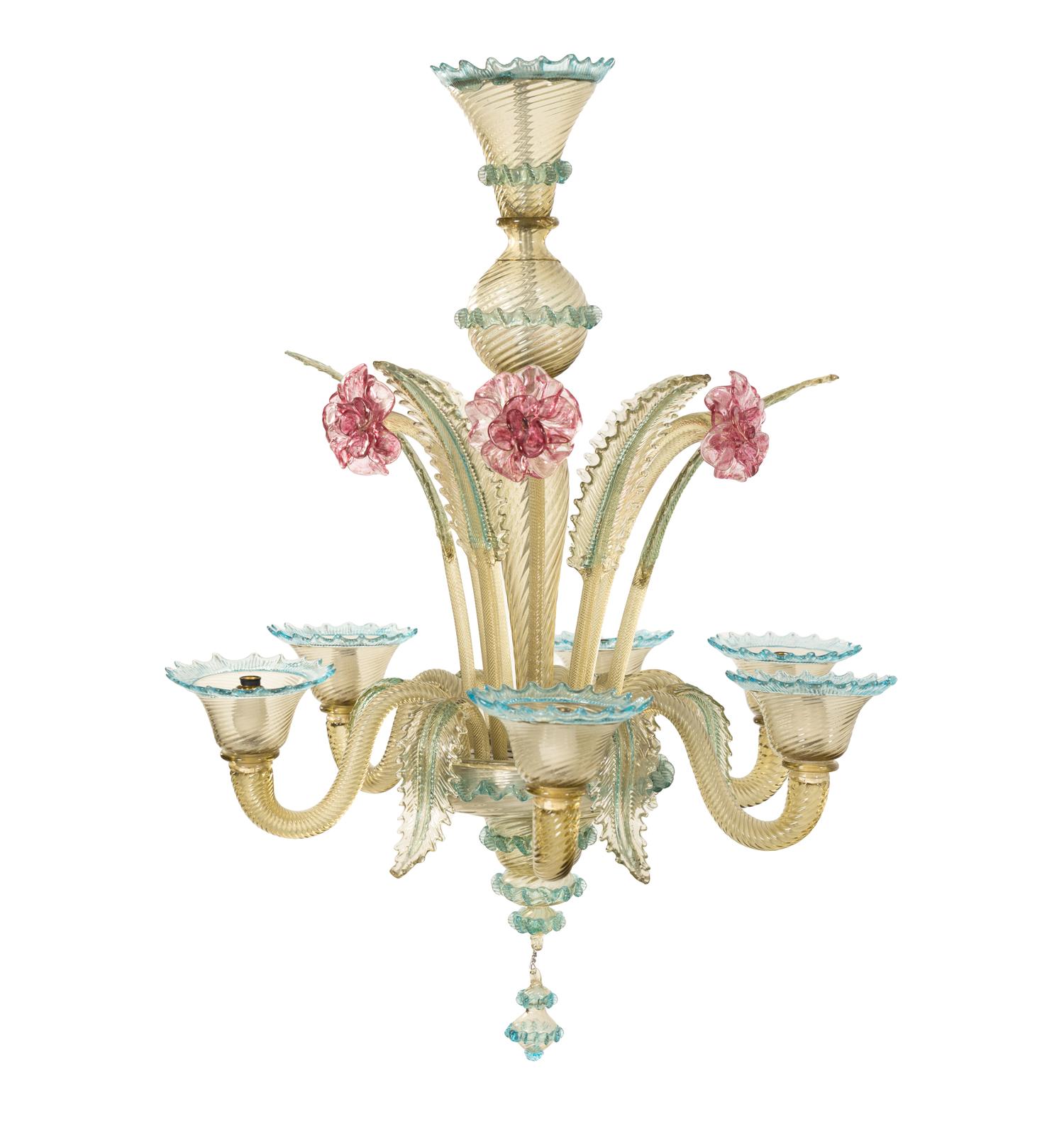 A Murano Colored Glass Chandelier and Matching Sconces