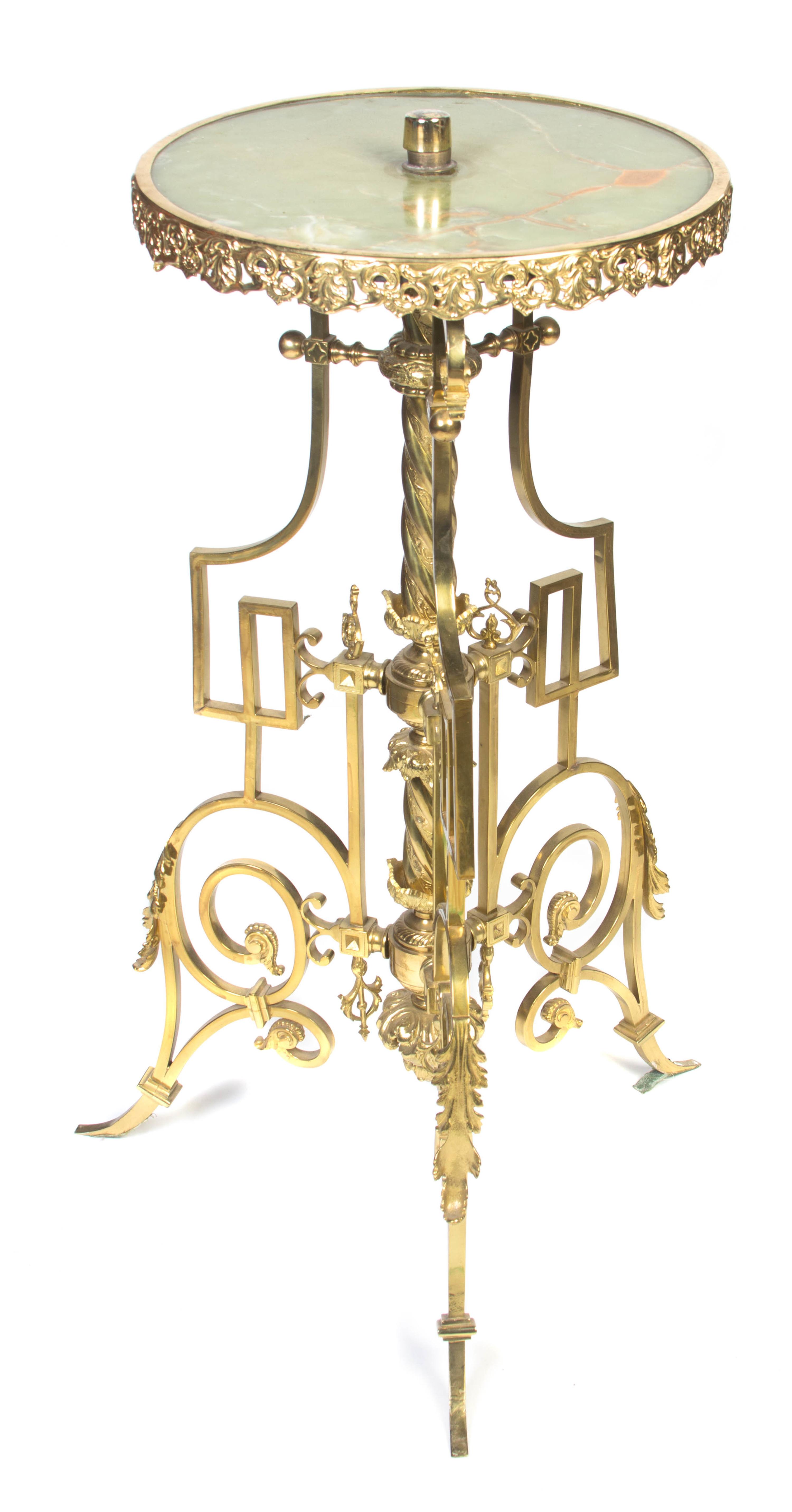 A Neoclassical Gilt Brass and Onyx Table, Height 35 x diameter 16 1/4 inches.