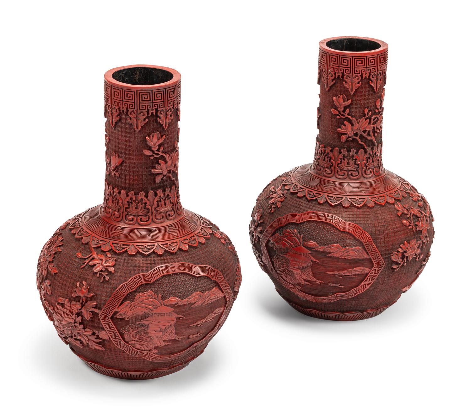 A Pair of Chinese Export Carved Red Lacquer Vases