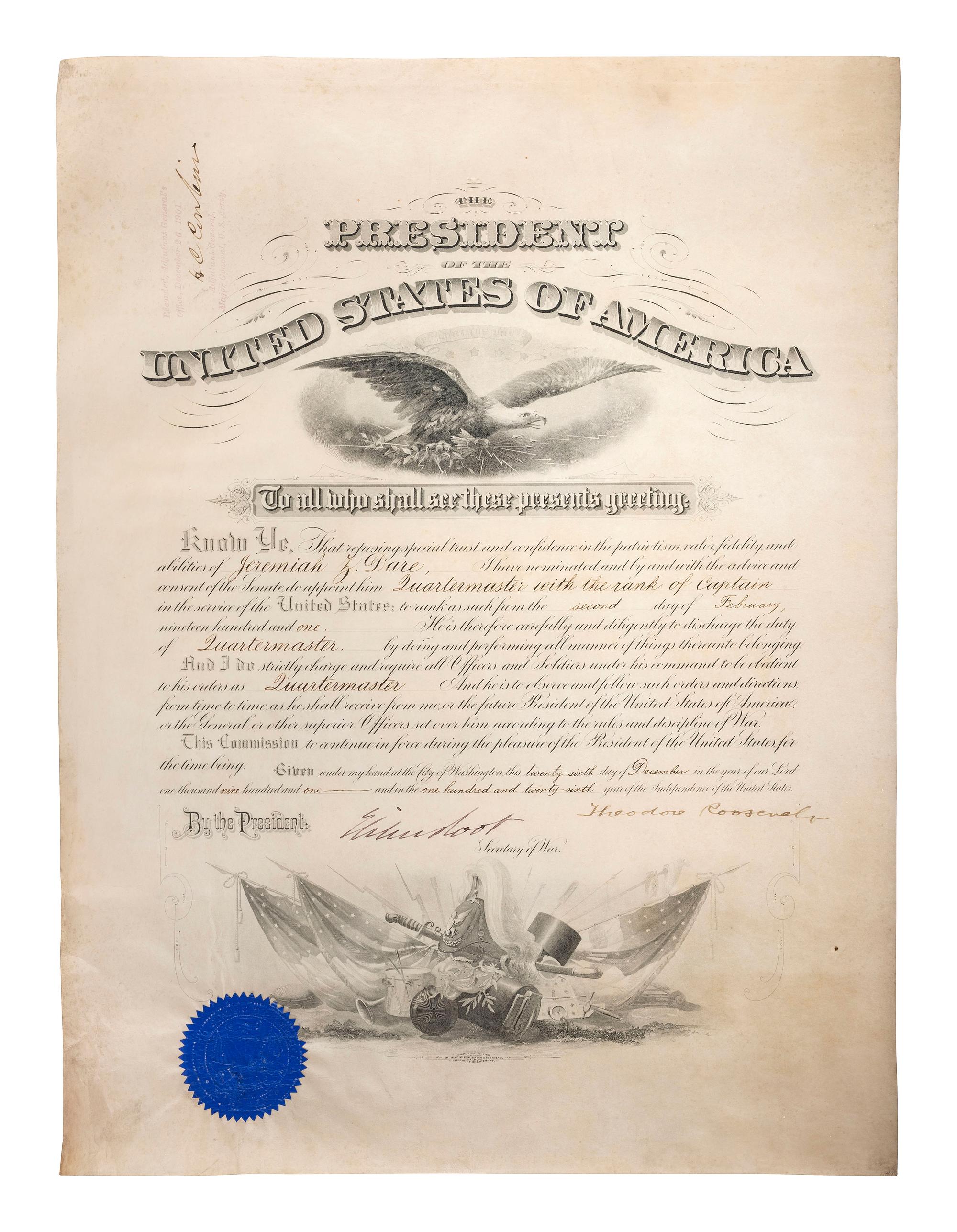 ROOSEVELT, Theodore (1858-1919). Document signed ("Theodore Roosevelt"). Washington, D.C., 26 December 1901.