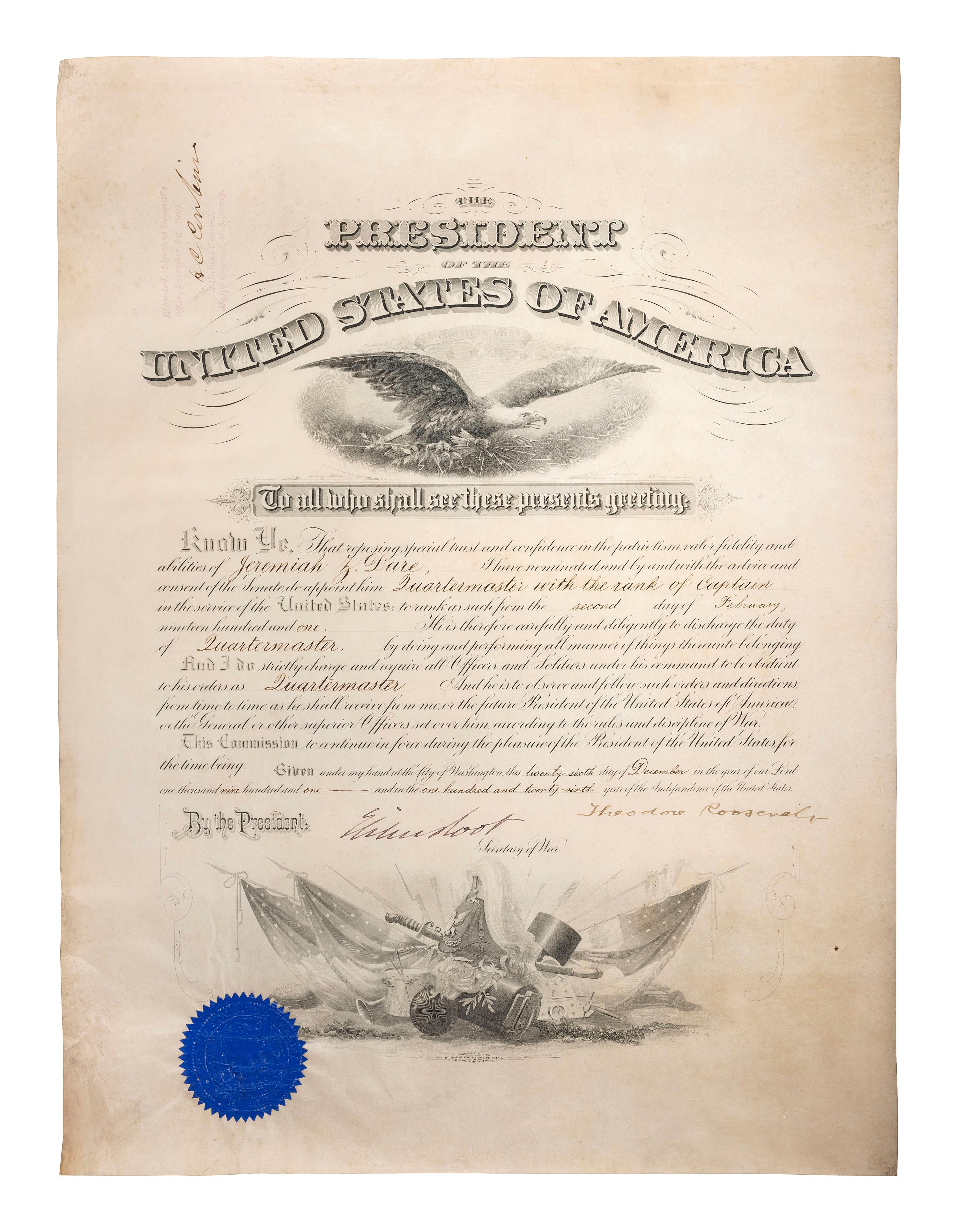 ROOSEVELT, Theodore (1858-1919). Document signed ("Theodore Roosevelt"). Washington, D.C., 26 December 1901.