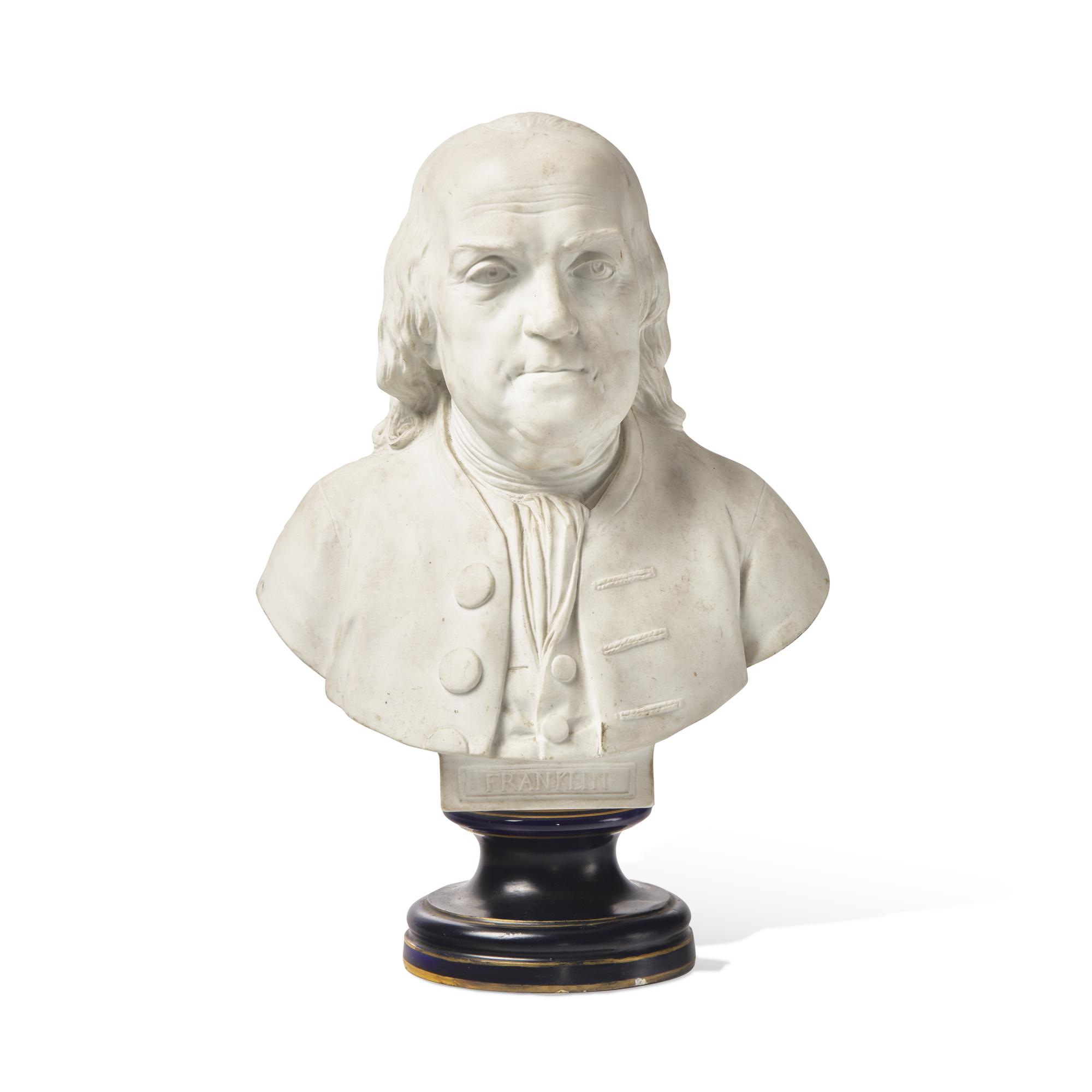 A Sevres Bisque Porcelain Bust of Benjamin Franklin, After the Example by Jean-Jacques Caffieri (French, 1725-1792)