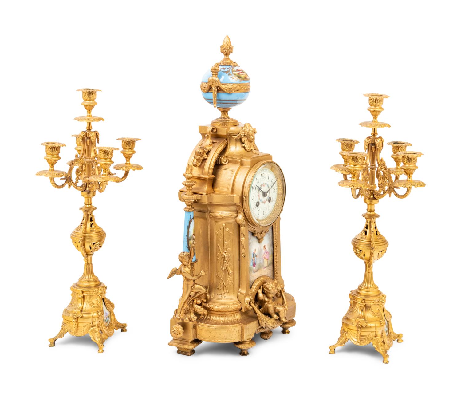 A French Gilt Bronze and Sèvres Style Porcelain Mounted Three-Piece Garniture
