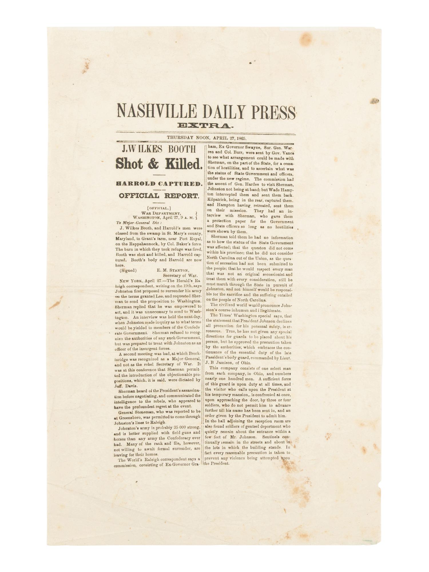 [BOOTH, John Wilkes (1838-1865)]. Nashville Daily Press Extra. 27 April 1865.