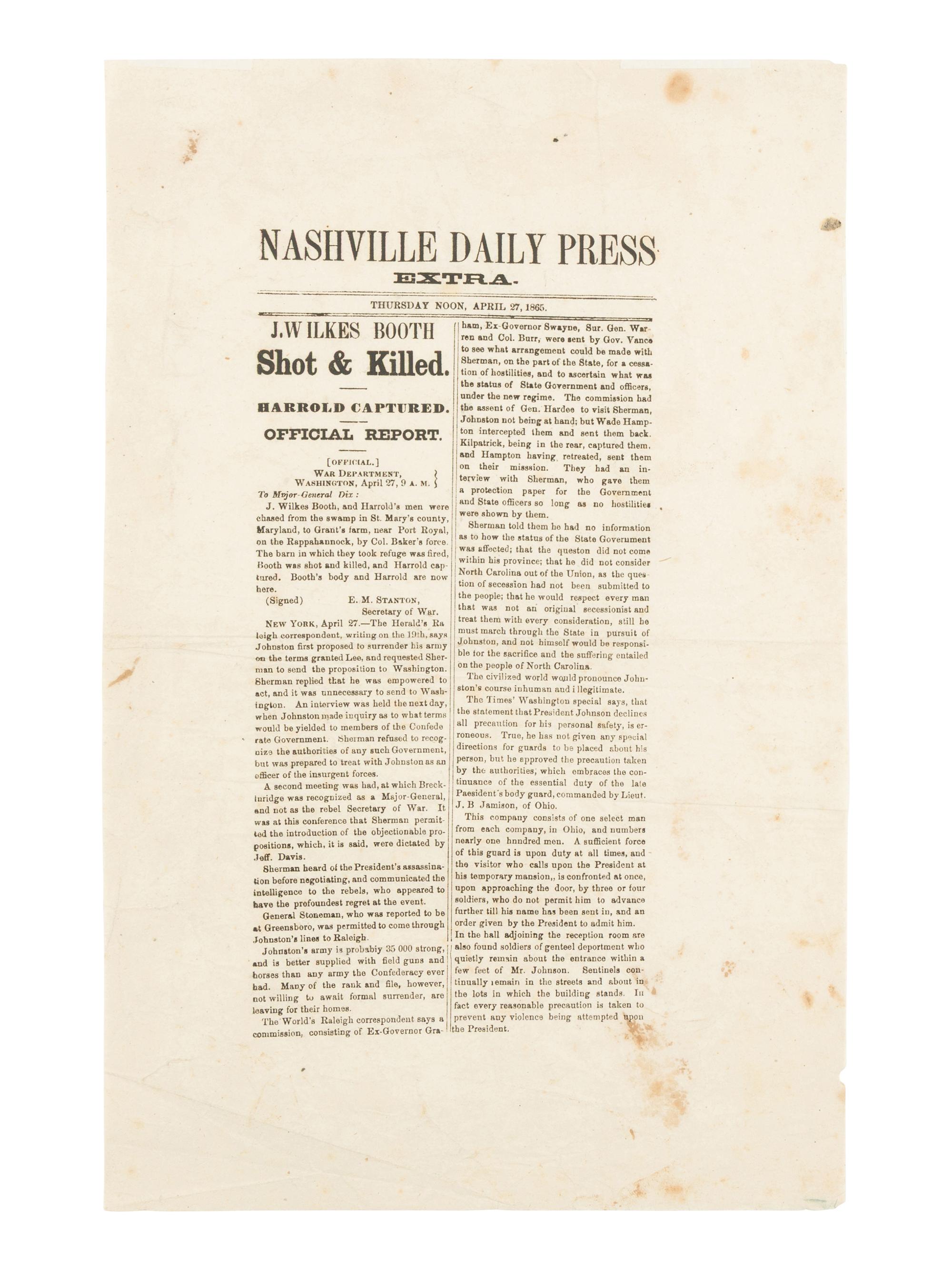 [BOOTH, John Wilkes (1838-1865)]. Nashville Daily Press Extra. 27 April 1865.