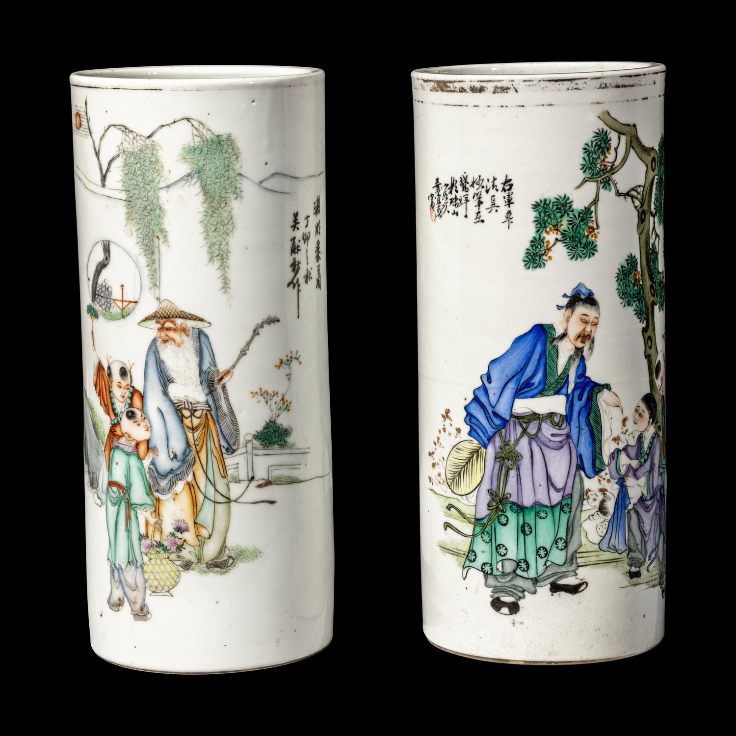Two Chinese Painted Porcelain Hat Stands