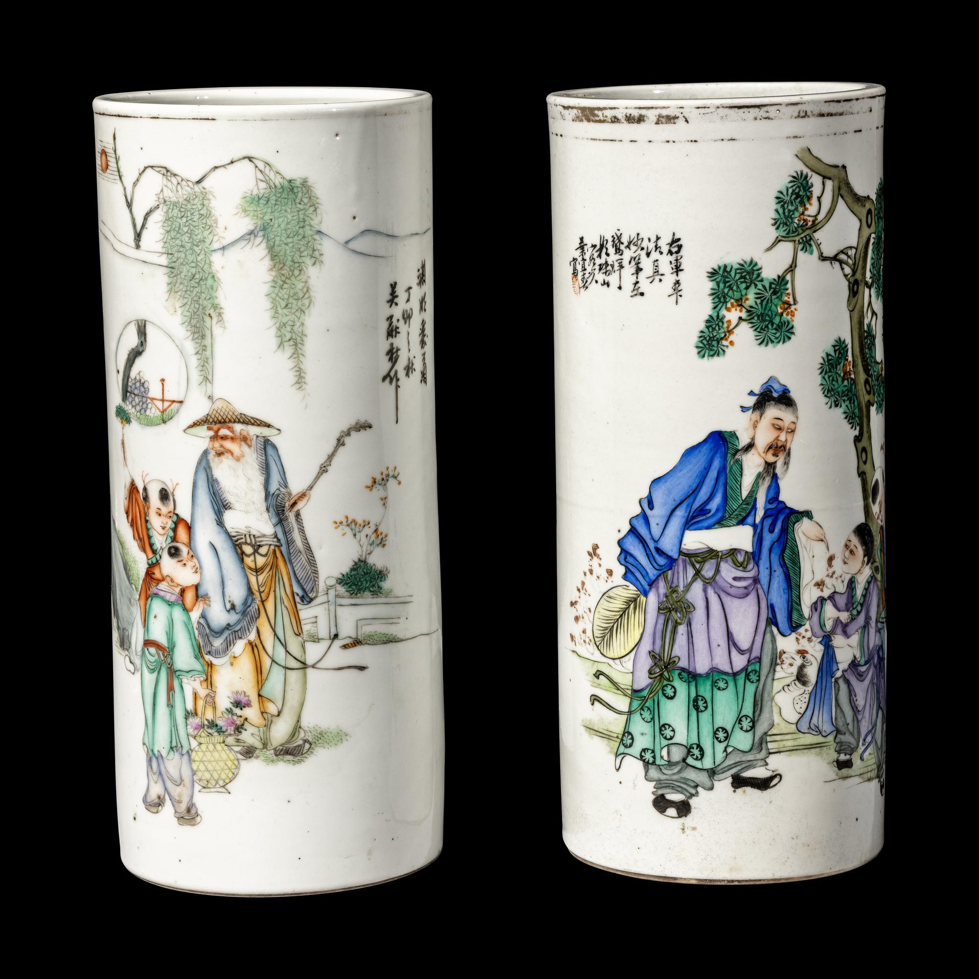 Two Chinese Painted Porcelain Hat Stands
