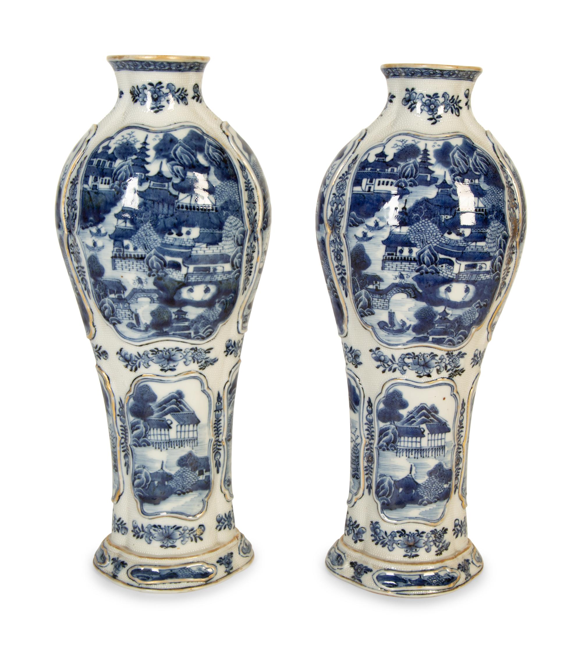 A Pair of Chinese Export Blue and White Porcelain Vases