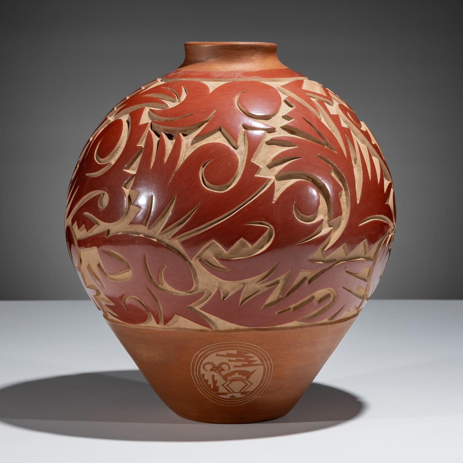 Large Three-Toned Deeply Carved Pottery Jar